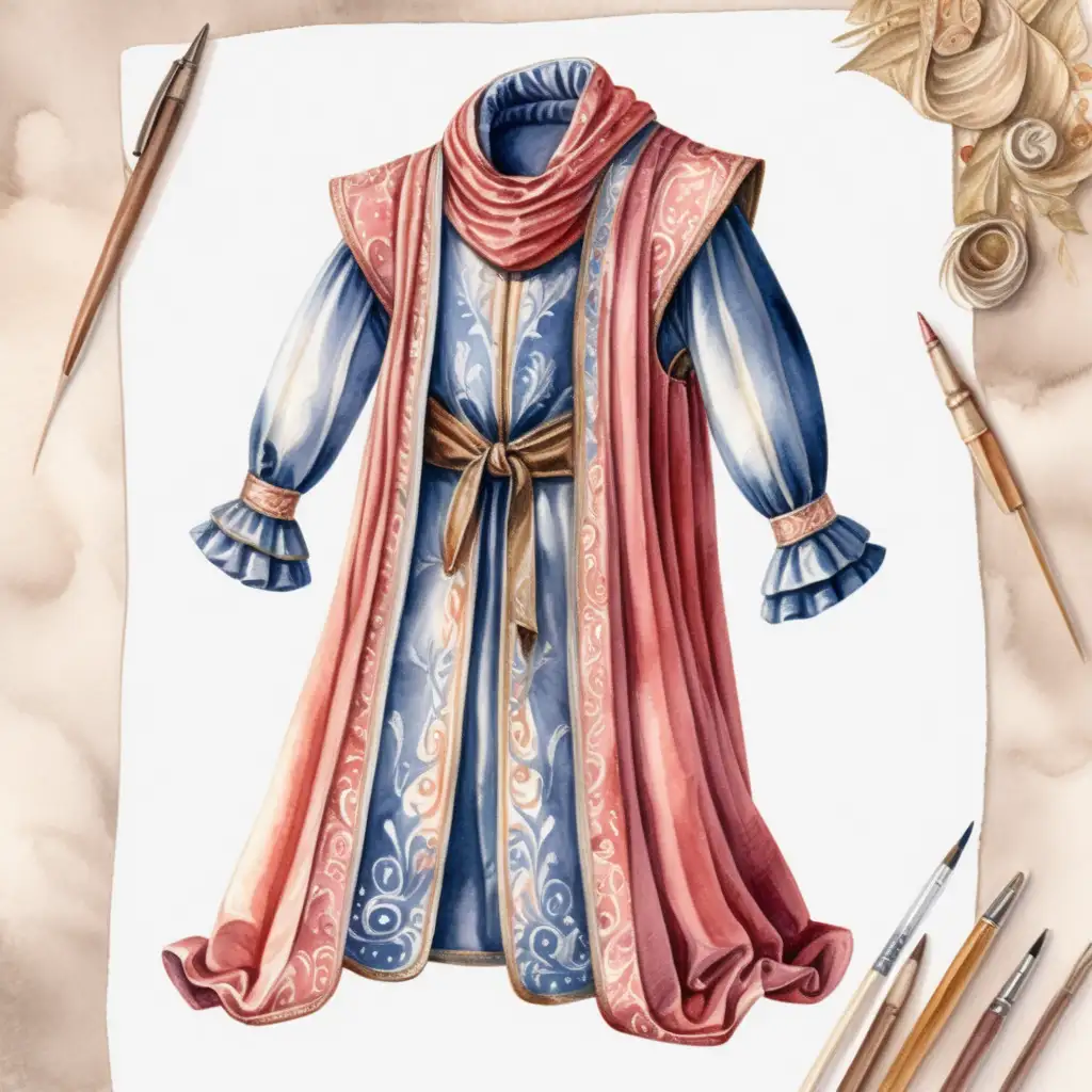 medieval folded fancy clothing, watercolor drawing, no background