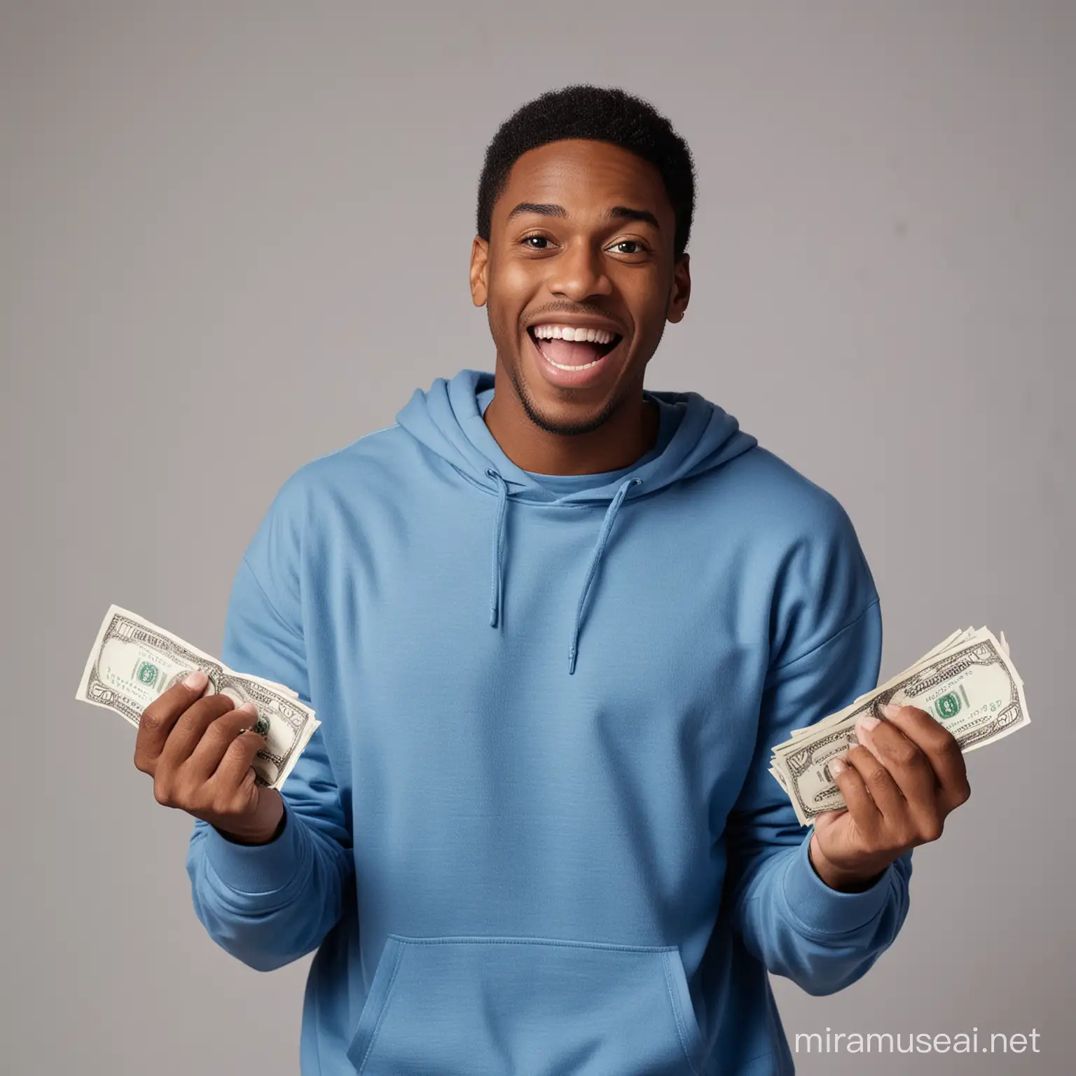 Ultra Cheerful excited black guy , standing to camera , holding money , putting on blue sweatshirt