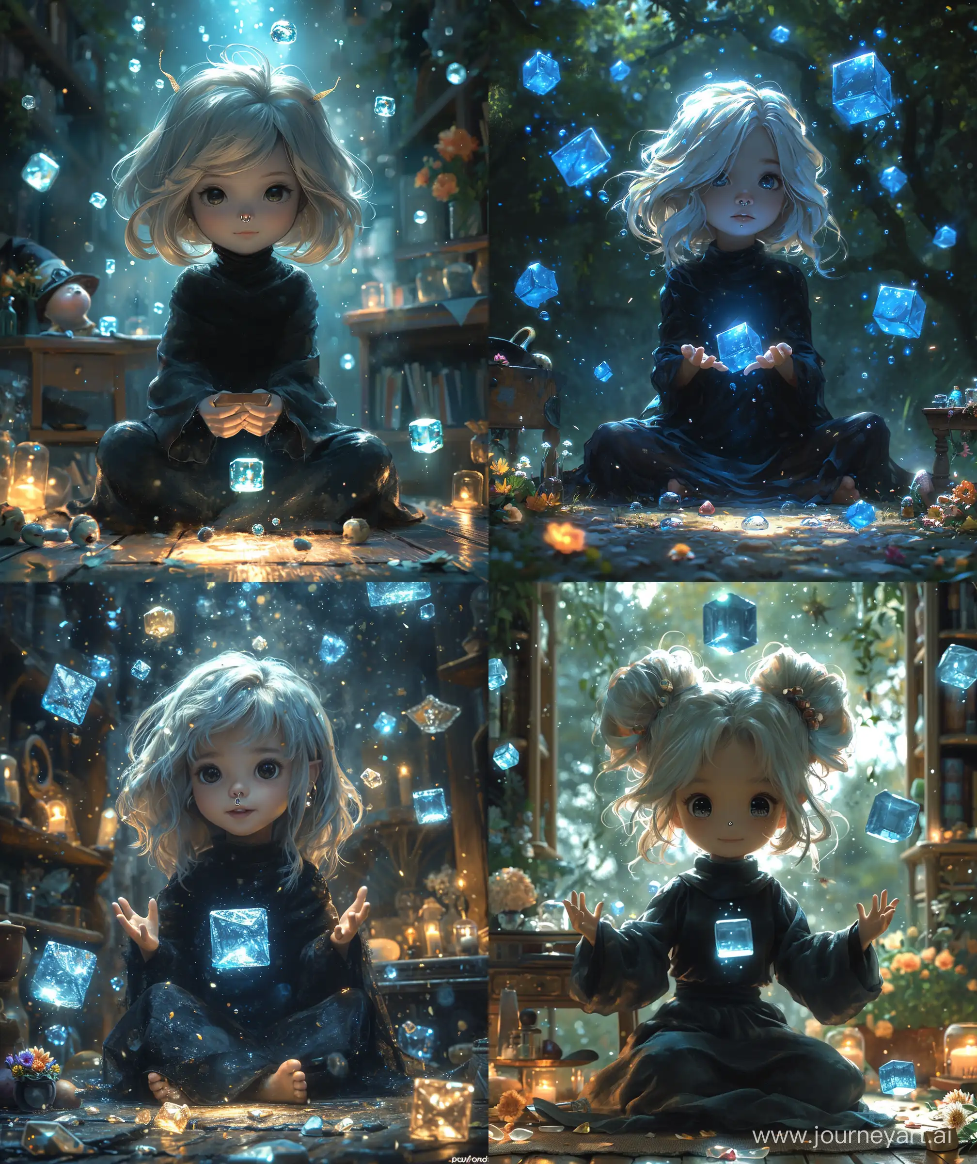 Cristal background, sparkle blue cute floating in air, wearing black gown, fully covered gown,laminating light, glossy upper body, nose ring , light color hair, playing with floating cubes, sitting on ground, royal mage, magic, doll face, witch hat, gems and flower around potion desk, piggy tail hair , cute and curious , --ar 27:32 --v 6.0 --s 750.