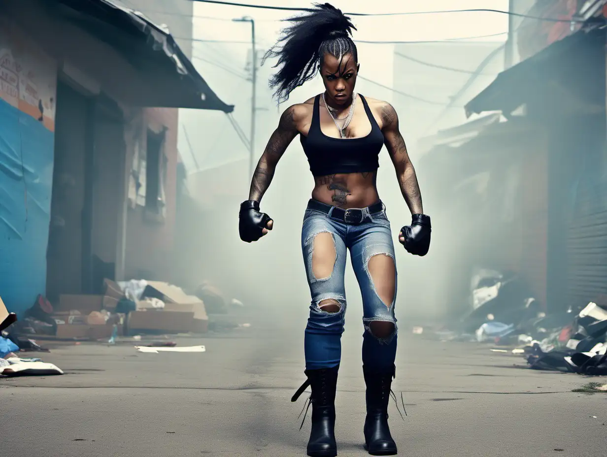 Muscular Black Female Street Fighter in a Foggy Alley Showdown