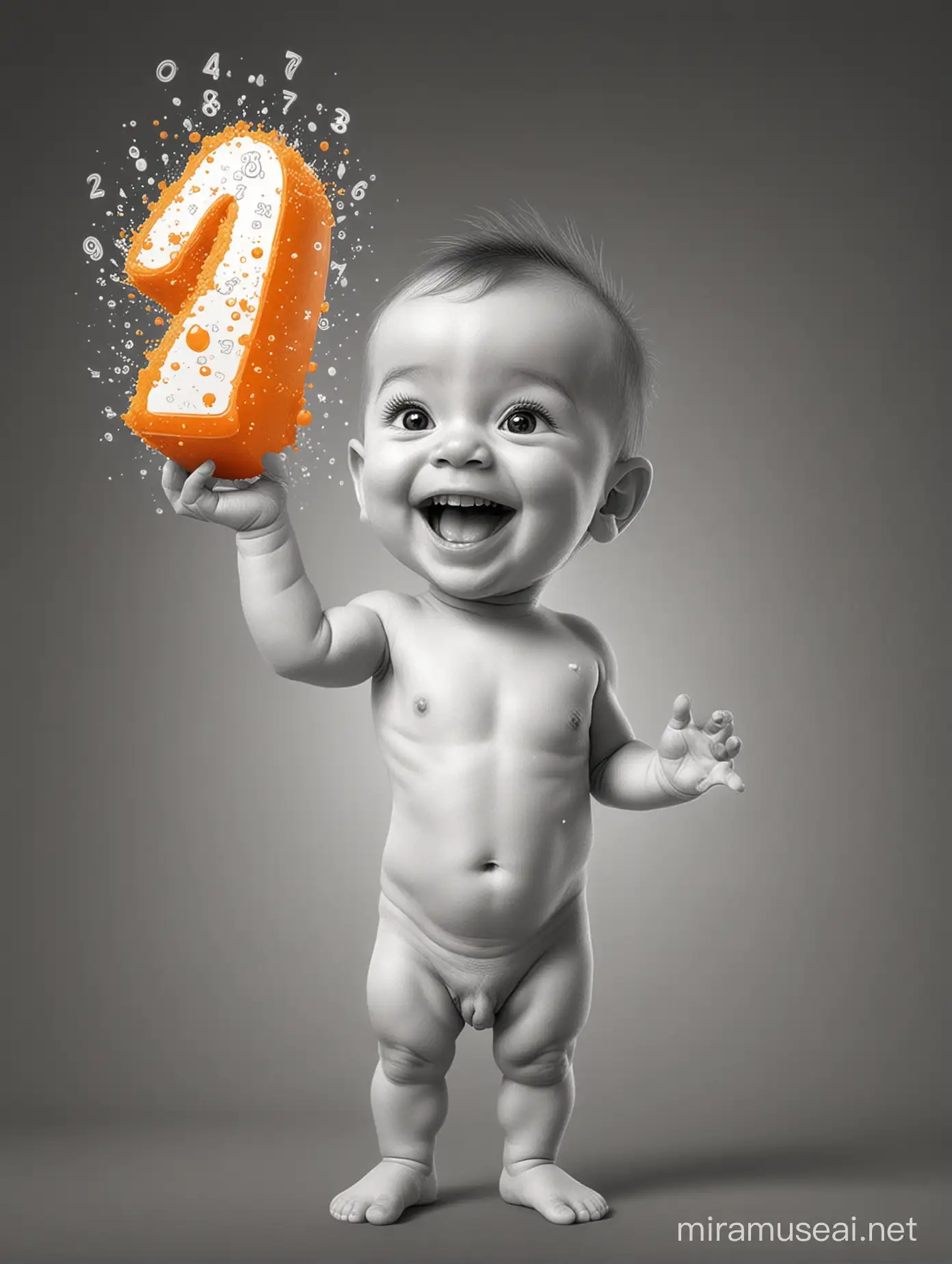 Joyful Baby Holding Number 49 in Monochrome Cartoon Style