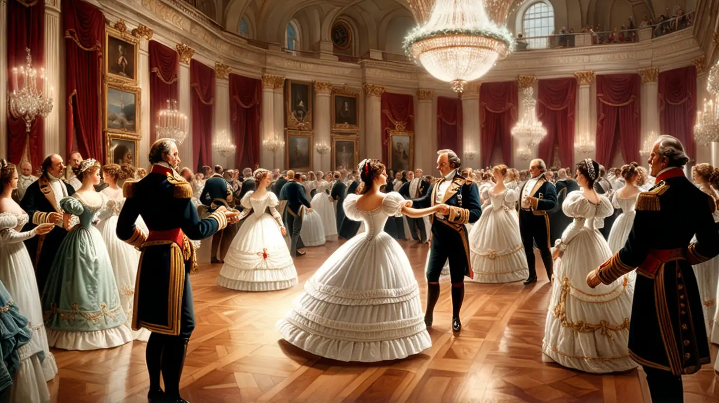 Девятнадцатый век. Бал. Огромный красивый зал. В центре зала танцует Адмирал танцует с прекрасной дамой. Адмирал одет в белый праздничный фрак. Дама одета в белое платье с красным