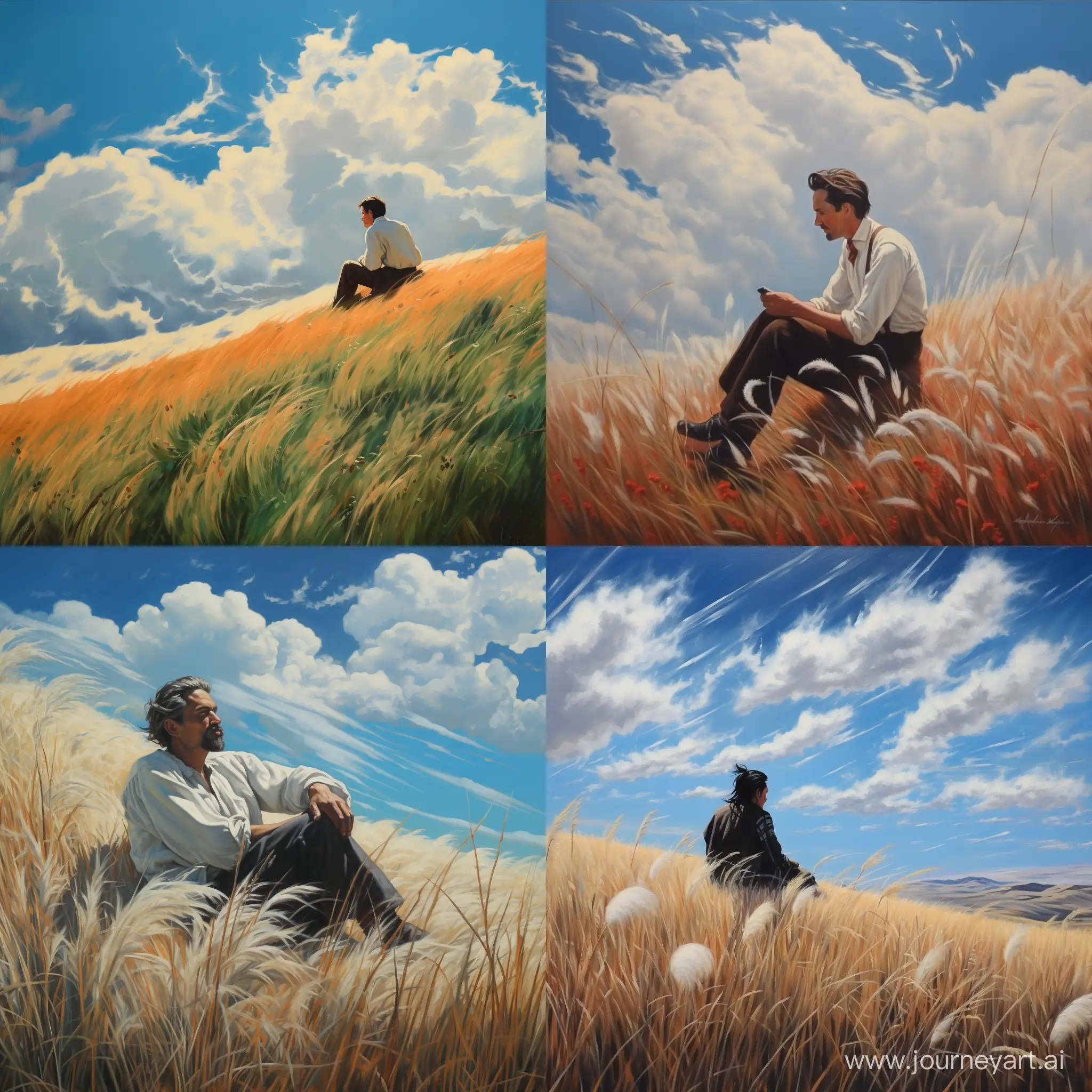 Solitary-Man-Contemplating-on-Turquoise-Hill-Overlooking-Feather-Grass-Steppe
