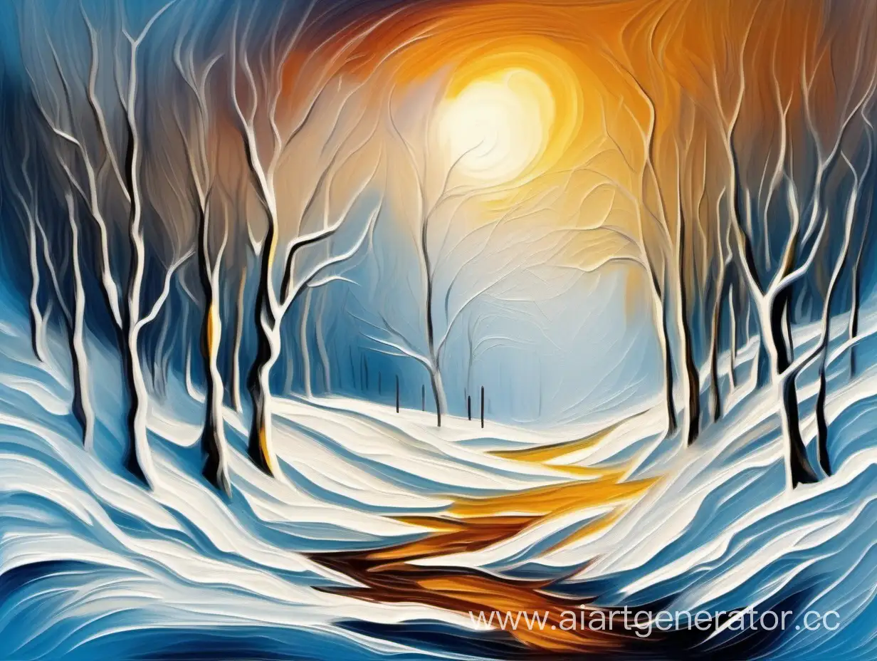 Иллюстрация зимнего пейзажа, масляными красками, сказочный,высокое качество, волшебный, чудесный, красота в стиле абстрактного экспрессионизма с объемным освещением