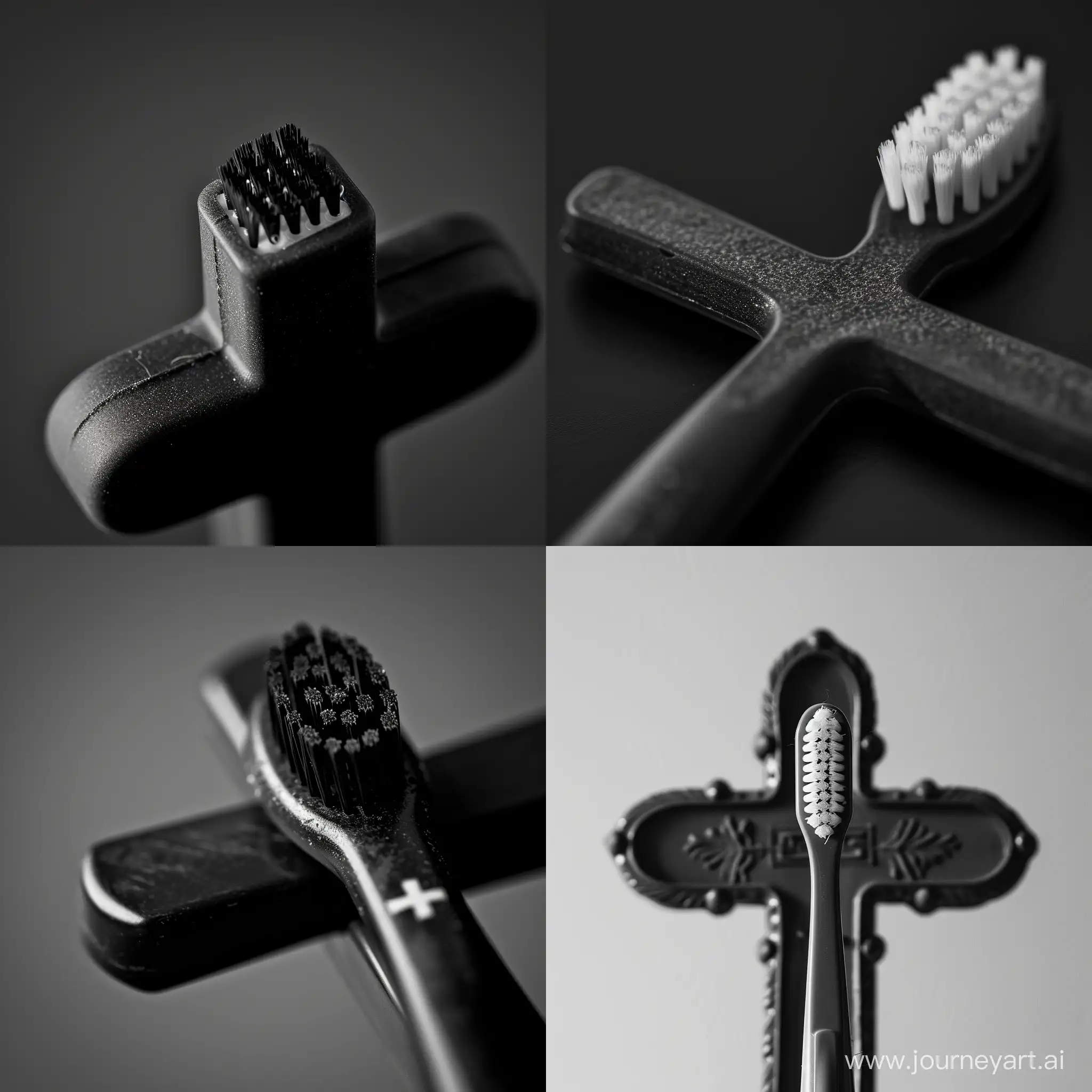 black and white, toothbrush very close-up cross on cross