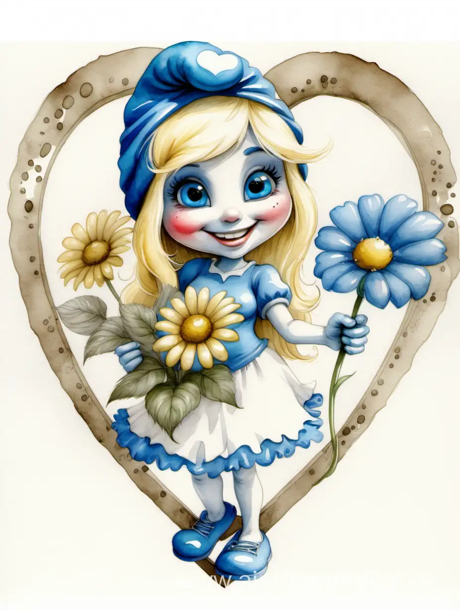 Акварель, мультяшная красивая милая смурфетта, синяя блондинка, улыбка, держит большое цветочное сердце, высокая детализация,  детальная прорисовка 