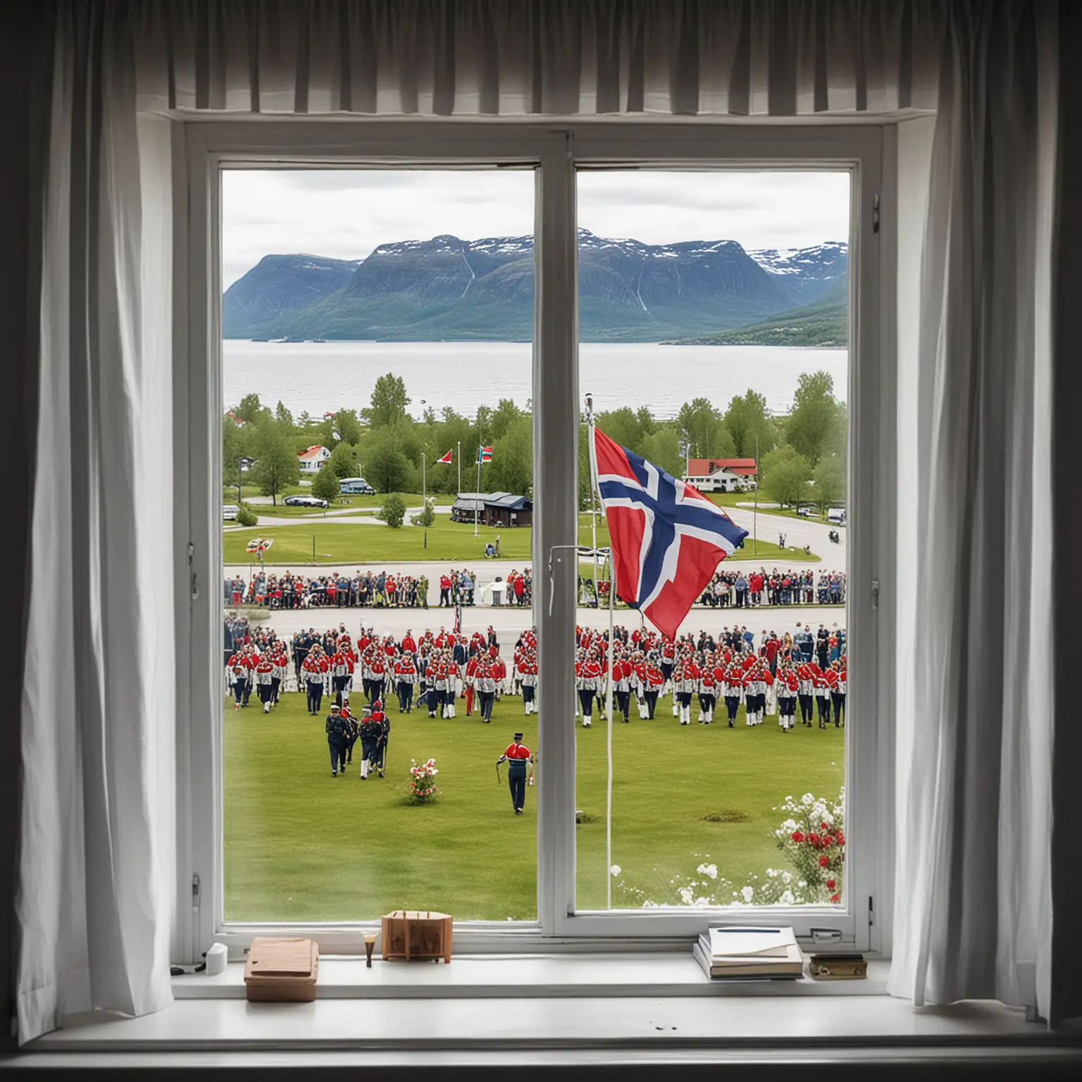 17th of may celebration in norway, norwegian flag, parade, from the view of a living room window, album cover