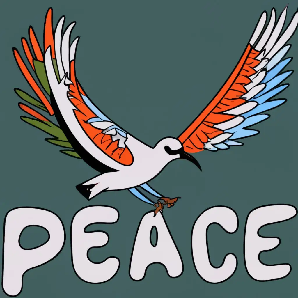 logo, a secretary bird flying representing peace and its colors are the colors of the flag of Sudan, with the text "Peace", typography