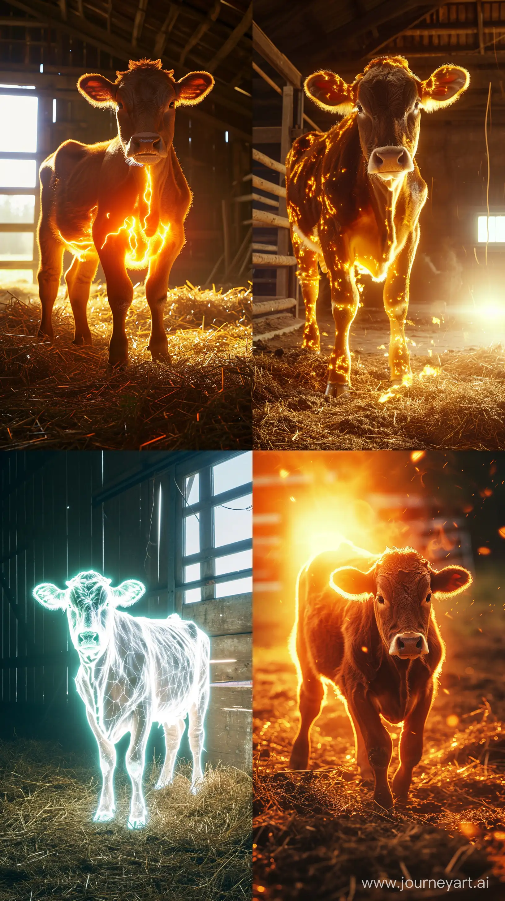 ```create realistic images of a beautiful looking cow, in a barn, standing, the cow is bright and beautiful looking and it's glowing, intricate details, 8k quality images, --ar 9:16 --v 6```