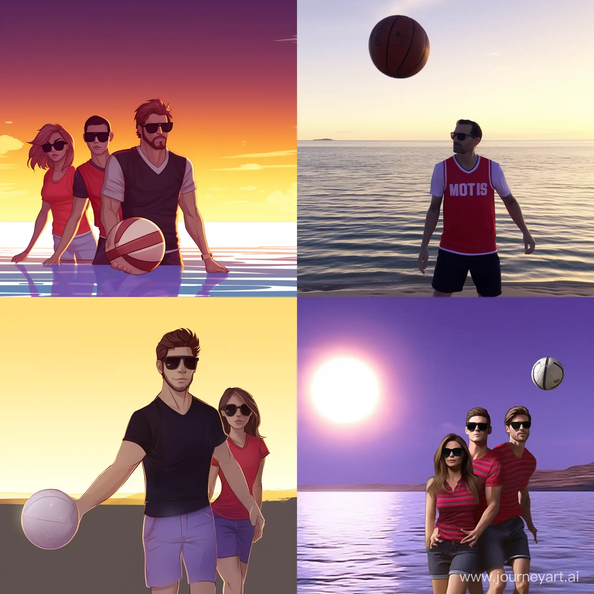 group photo of four people thee guys in a red neon undershirt and one brunet girl in a purple top use sunglasses and sport shirt, standing on the beach against the backgroung of the sea with the ball, daylight, smiling, sporty people