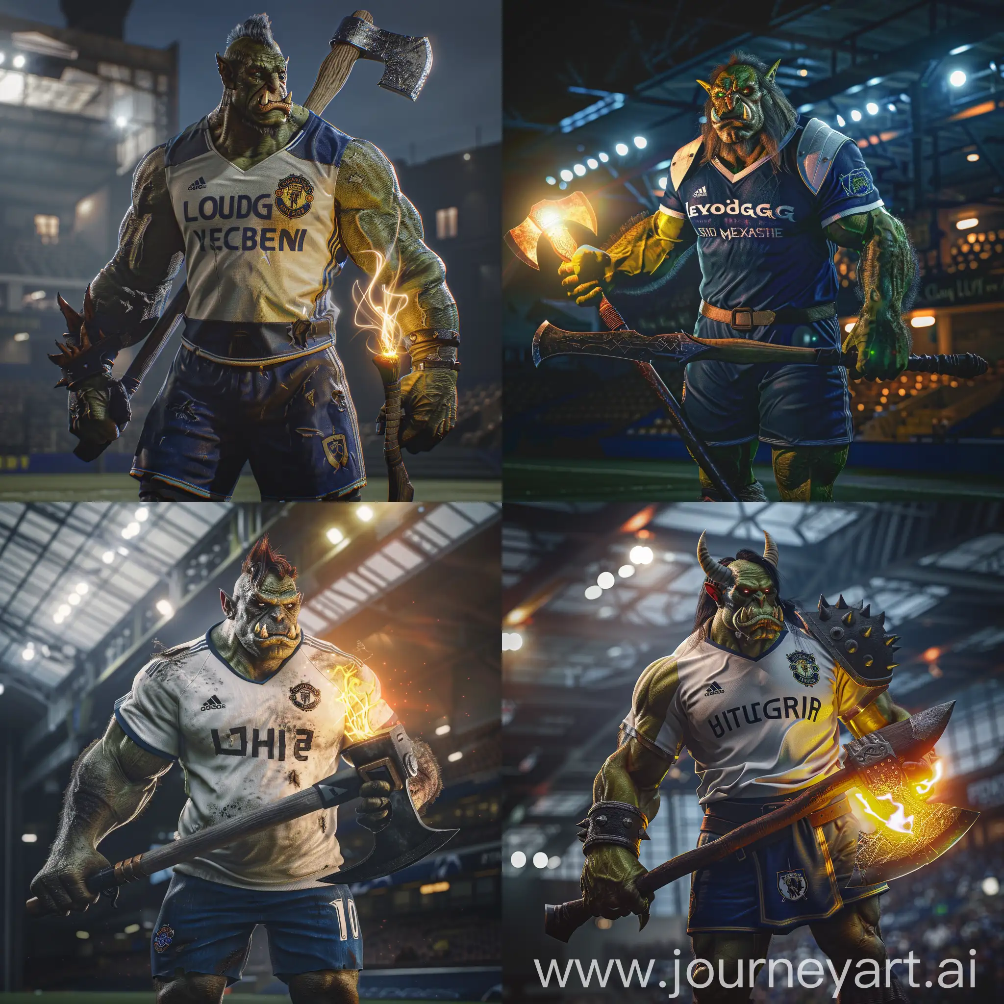 Create a photorealistic photo of a half orc barbarian wearing a leeds united football shirt standing in elland road stadium holding a glowing greataxe