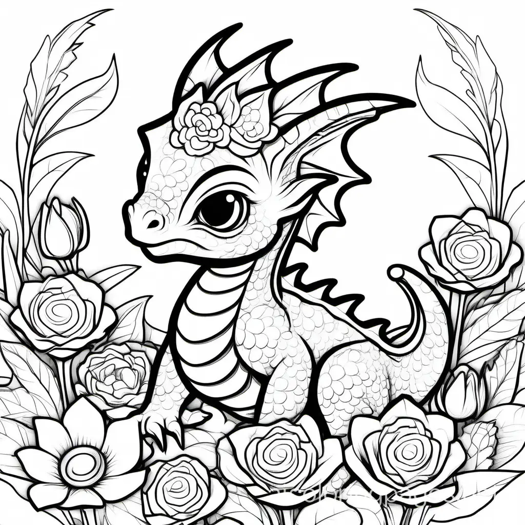 Adorable-Baby-Dragon-Coloring-Page-in-a-Floral-Wonderland