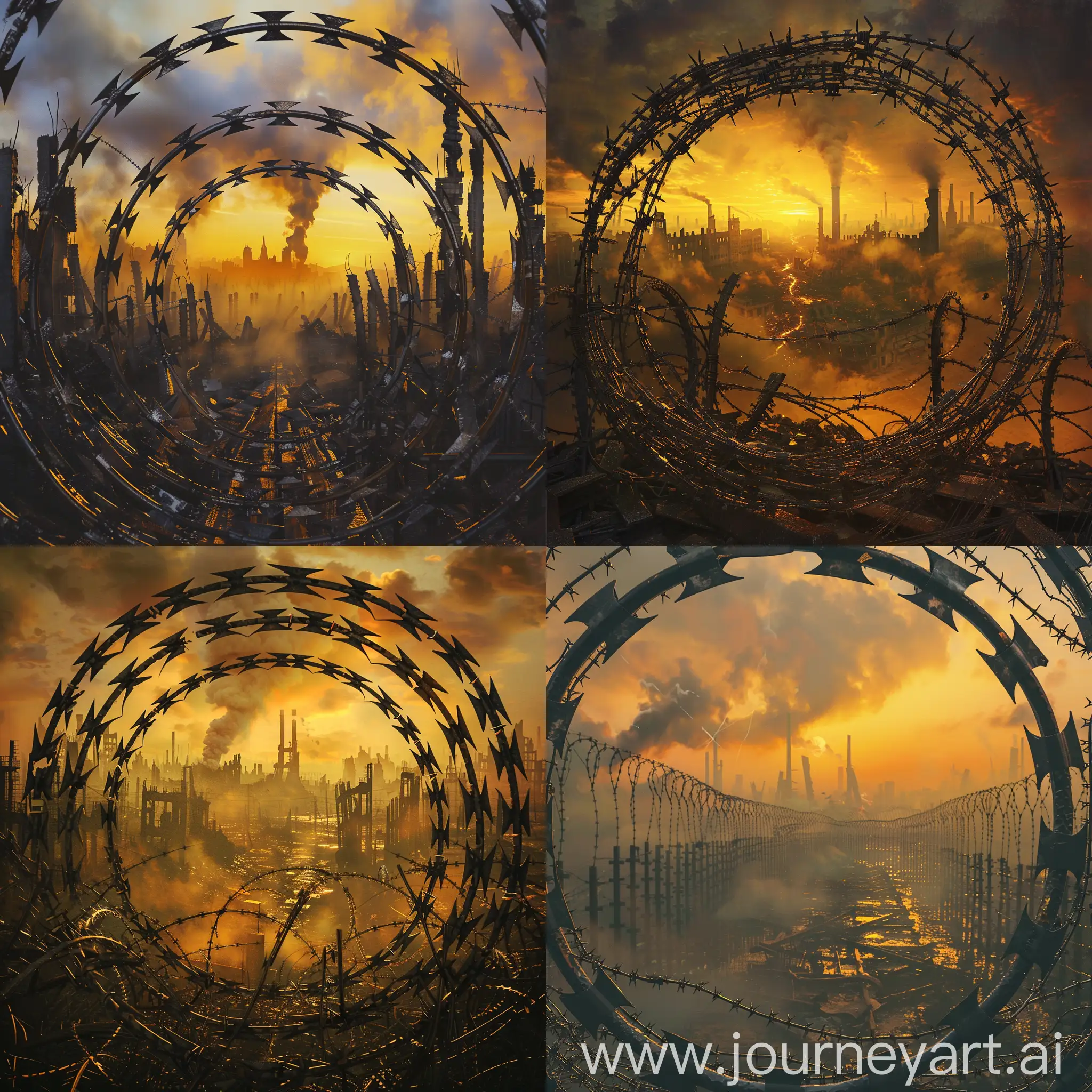 Hyper-Detailed-First-World-War-Barbed-Wire-Circle-Surrounding-Destroyed-City-at-Dawn