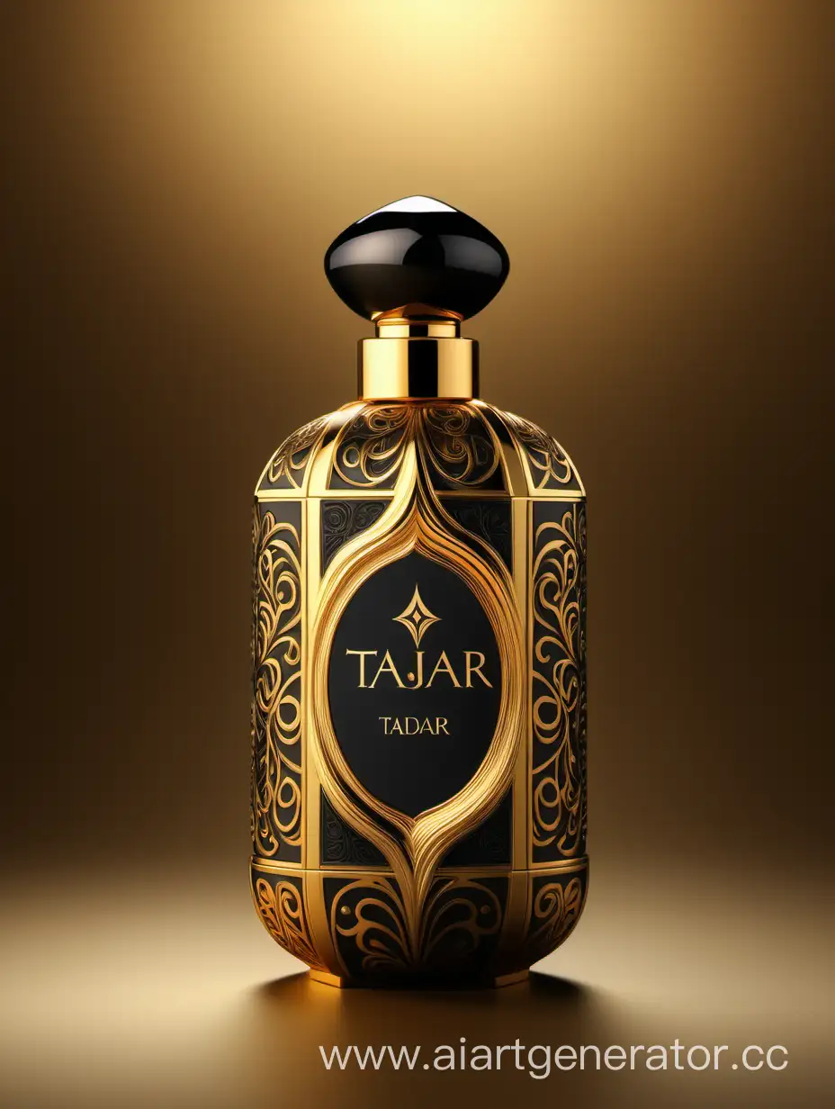 Box package design of perfume TAJDAR product, elegant, trending on artstation,   sharp focus,   studio photo,   intricate details,   highly detailed,   gold, Royal black and beige color on gold background