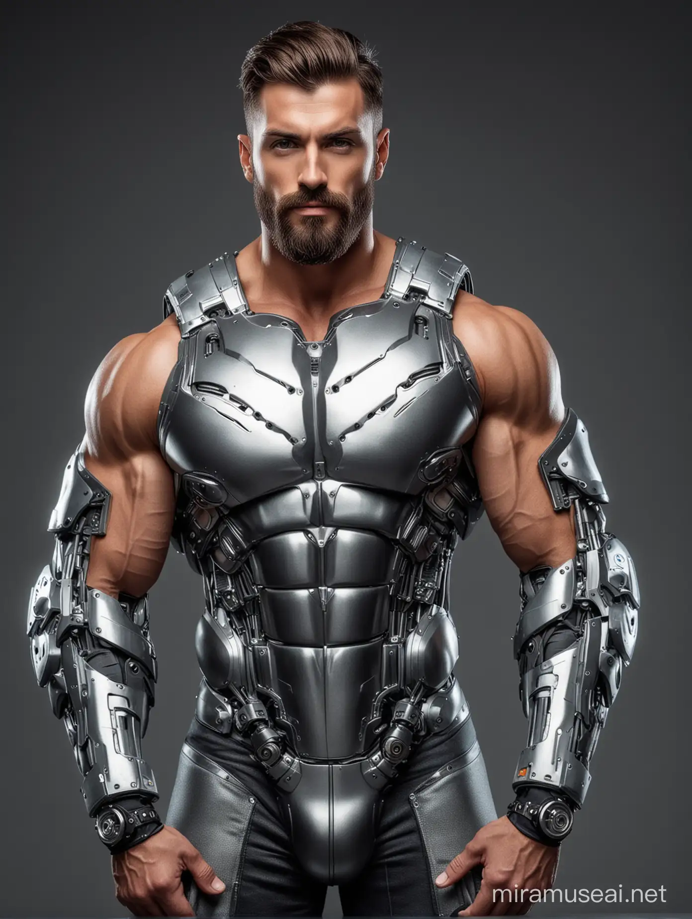 Tall and handsome bodybuilder men with beautiful hairstyle and beard with attractive eyes and Big wide shoulder and chest in robotic armoured suit 
