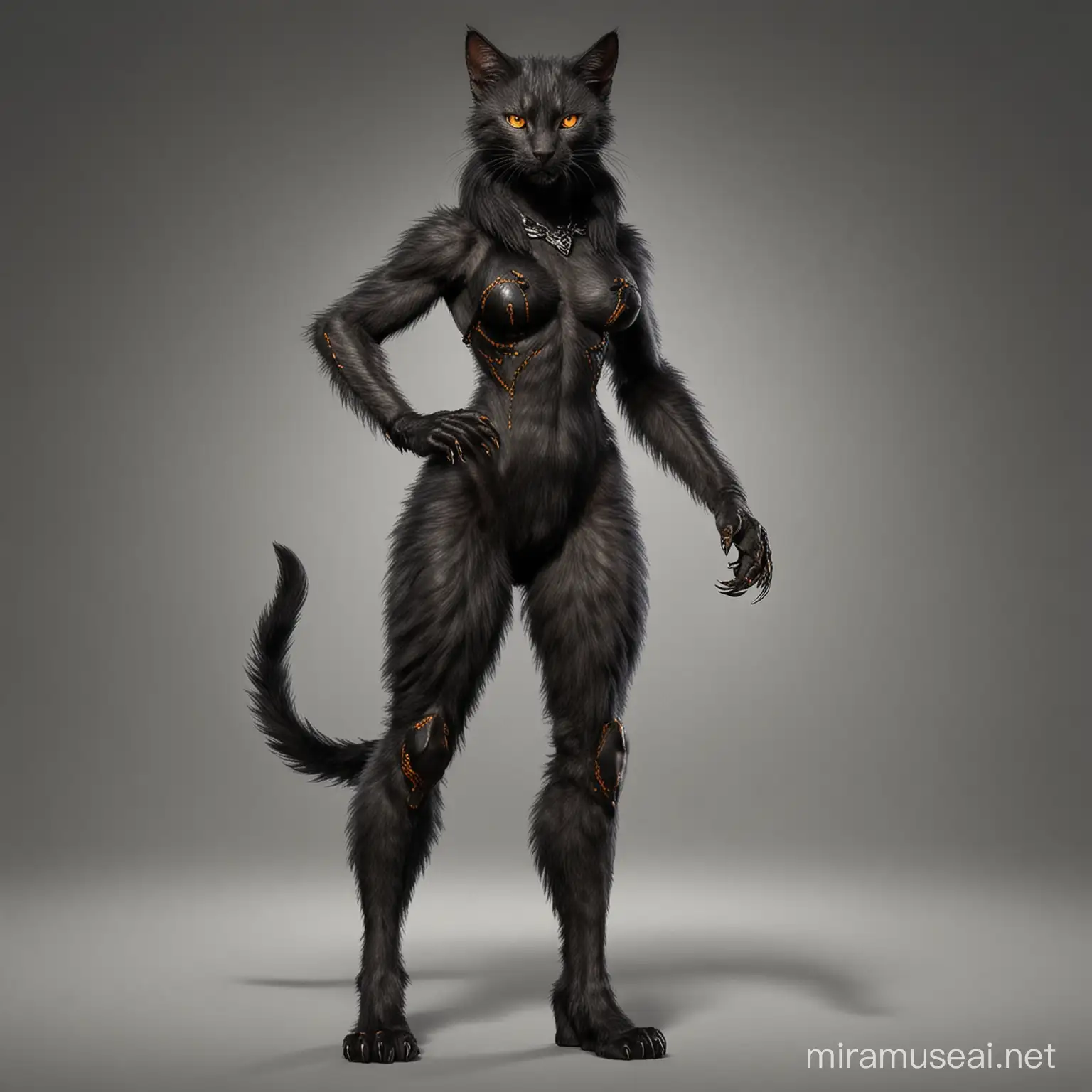 Female werecat. Grayish black fur and amber eyes. Complete Full body picture from head to toe. Humanoid but beastly