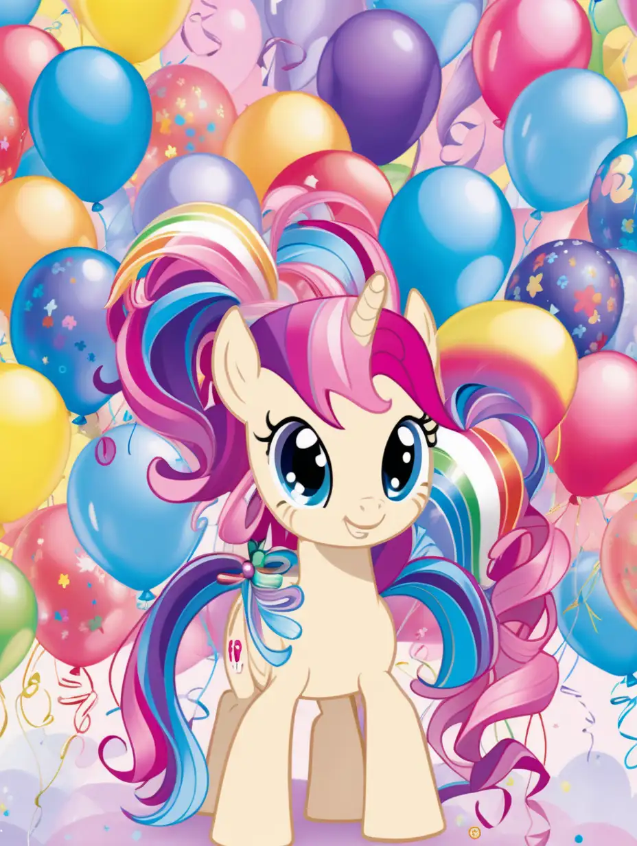 My little pony surrounded with bright pastel colors,  rainbows and balloons