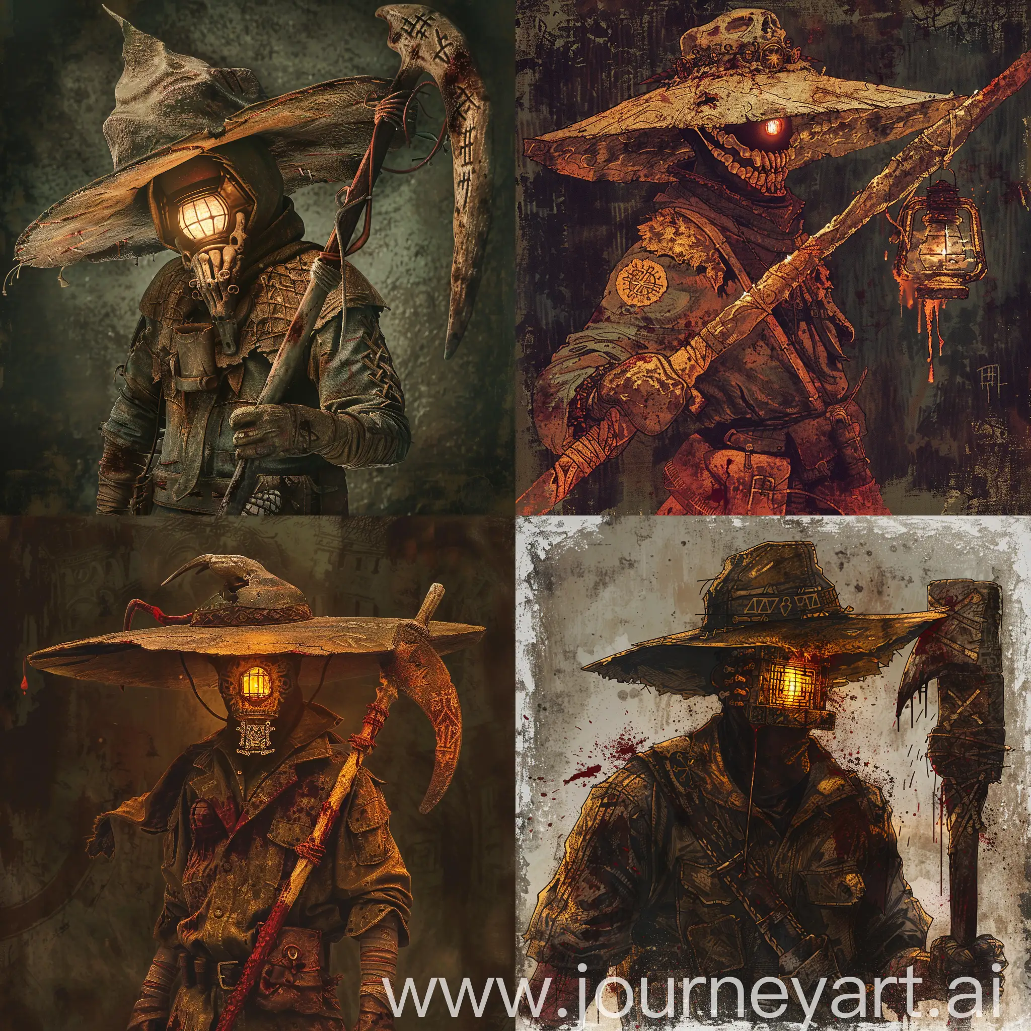 Delving into the depths of forgotten tombs, the prospector wears a mask fashioned in the likeness of a flickering lantern. Its eerie glow illuminates the darkness, guiding their path through the labyrinthine catacombs. A wide-brimmed hat, adorned with runes of protection, shields them from the malevolent forces that dwell within., wields a massive sycthe made of bones, 1970's dark fantasy book cover style, gritty, dark, vintage, detailed, full body shot camera angle, bloody weapon