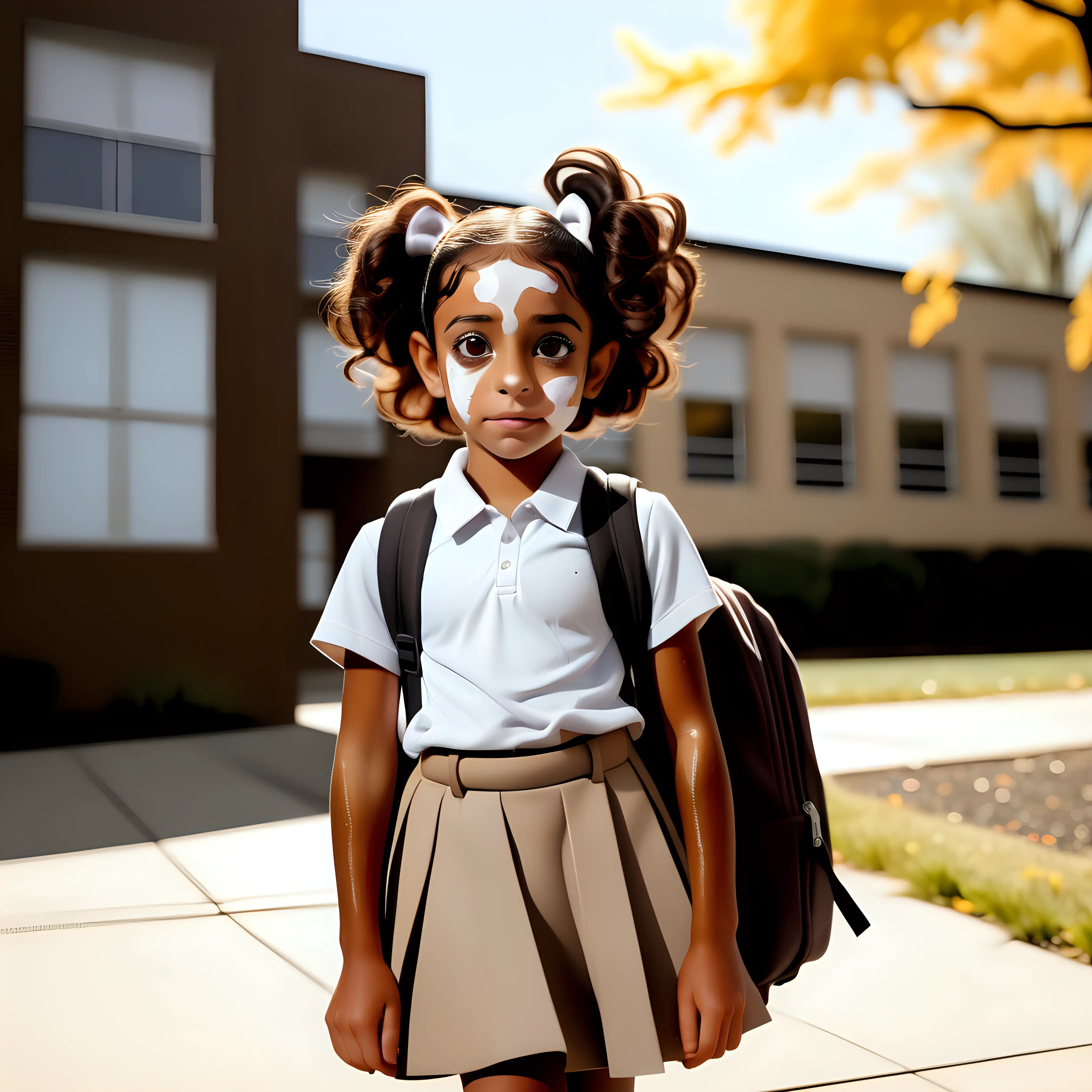 Confident little brown girl with vitiligo going to school
