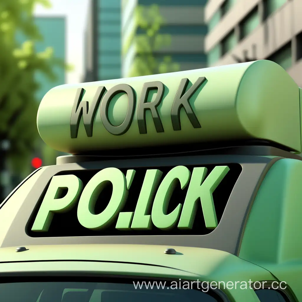 надпись "WORK", цвет зеленый, обтекаемая форма надписи, на хаднем фоне сирены полиции