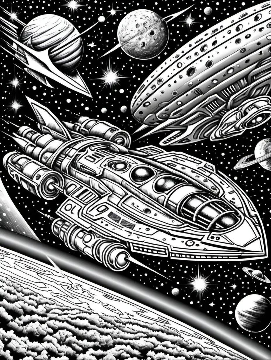 Adult Coloring book: Spaceship Faster than the speed of light, warp drive, galaxies or stars in the background 400DPI
