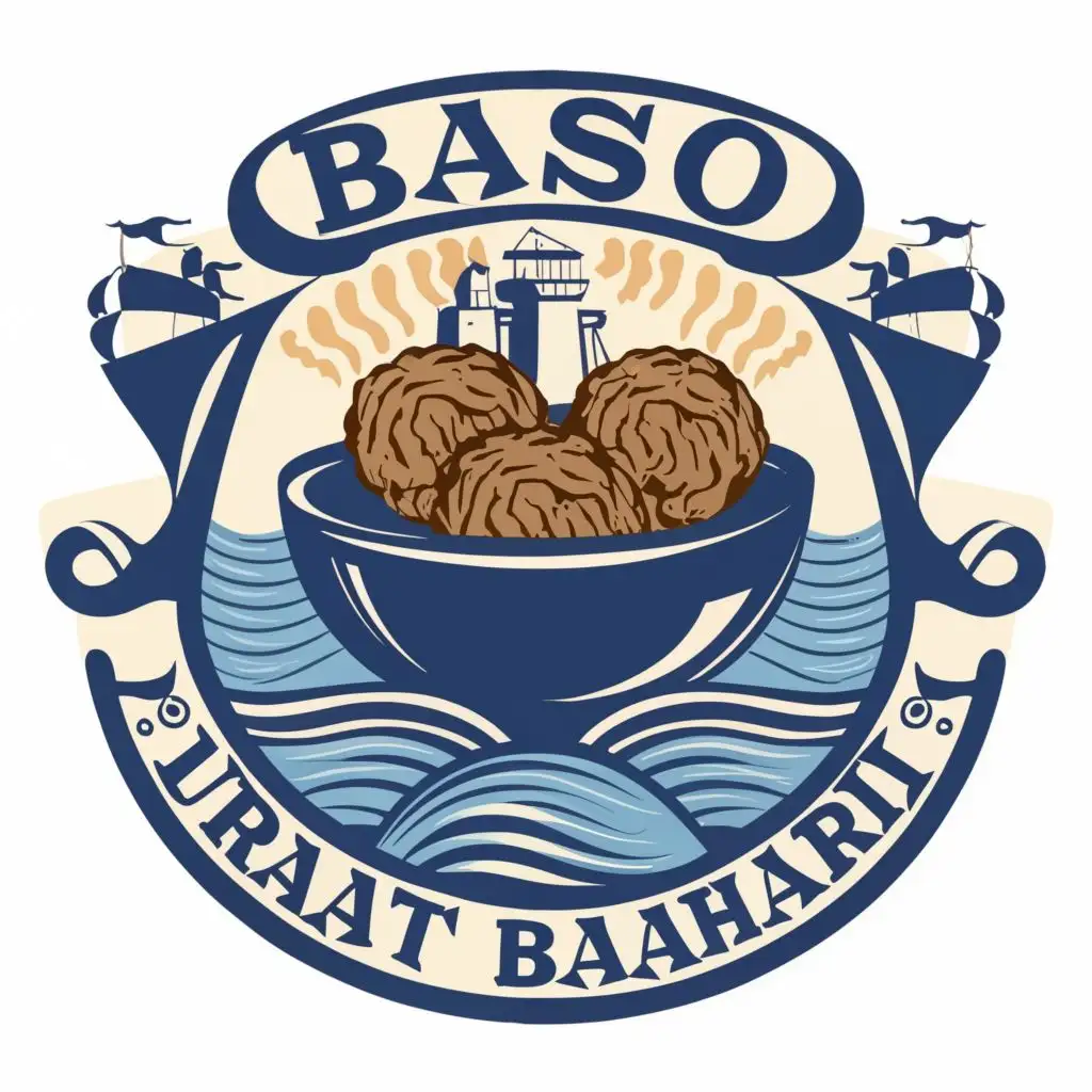 logo, BOWL, MEATBALLS, OCEAN AND SHIP, with the text "BASO URAT BAHARI", typography, be used in Restaurant industry
