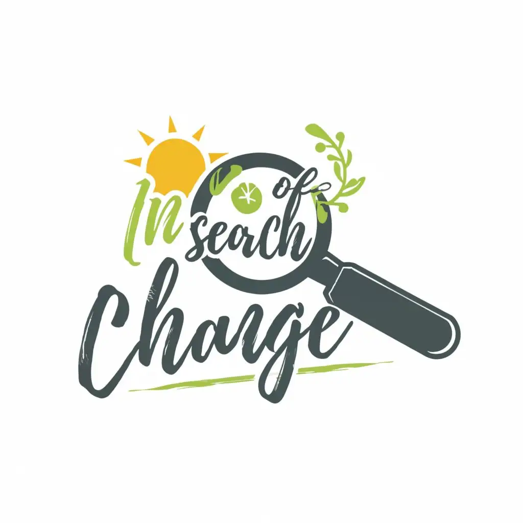 logo, Search, magnifying glass, with the text "In search of change", typography, be used in Wellness industry, medical industry, searching for ways to prevent deseases, prevention, well being, sun, green, healthy foods, vitamins, heal, goog habits