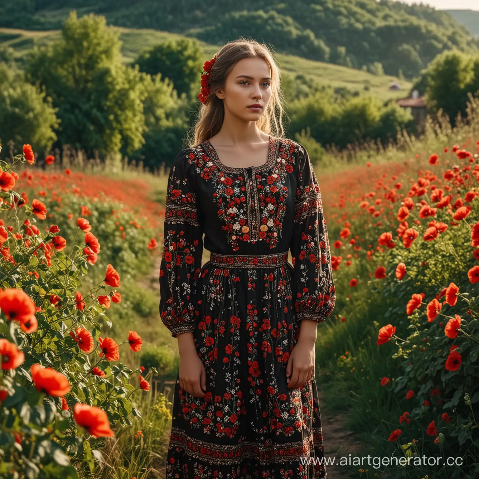 Cinematic, vivid photo of a full-length Ukrainian young girl in an embroidered dress. The background is a rural landscape, viburnum, poppies, which emphasizes the connection with nature and the land, and the lighting enhances the overall cinematic feel of the image., photo, cinematography.