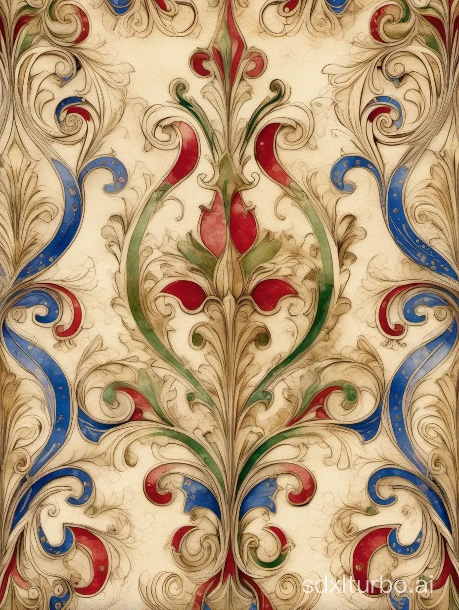 Delicate medieval Florentine paper with red, blue and green flourishes and golden dots, splashes and ornaments, highly detailed and delicate drawing and painting