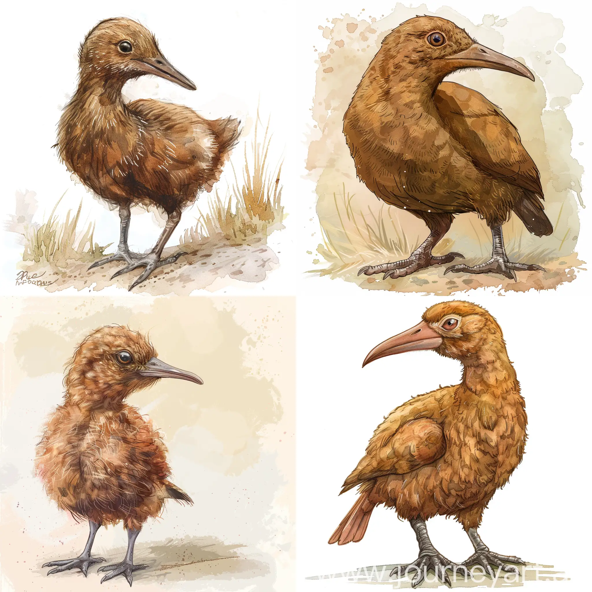 Illustrate a realistic, anthropomorphic, brown weka bird, in a soft water color palette for a children's picture book. 