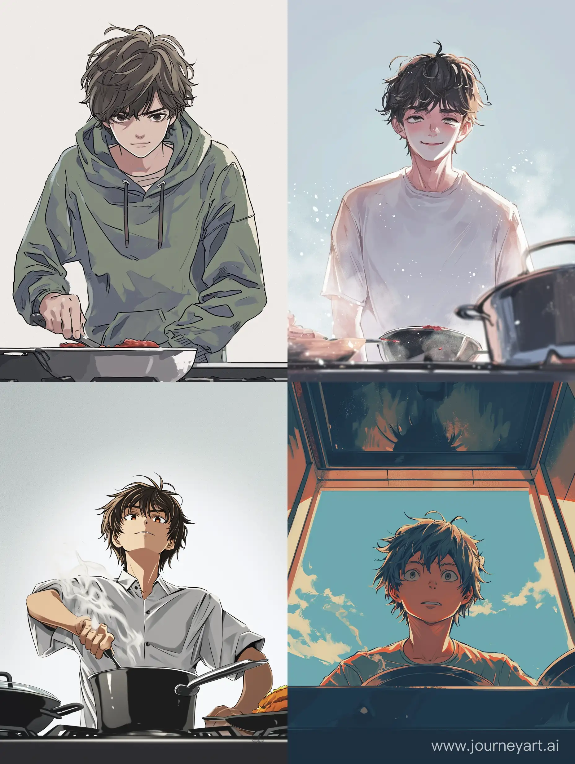digital illustration, anime characters, 18 years old boy cooking, plain background, from below, his expression shows that the this is going to be delicious, confident look --ar 3:4 --v 6
