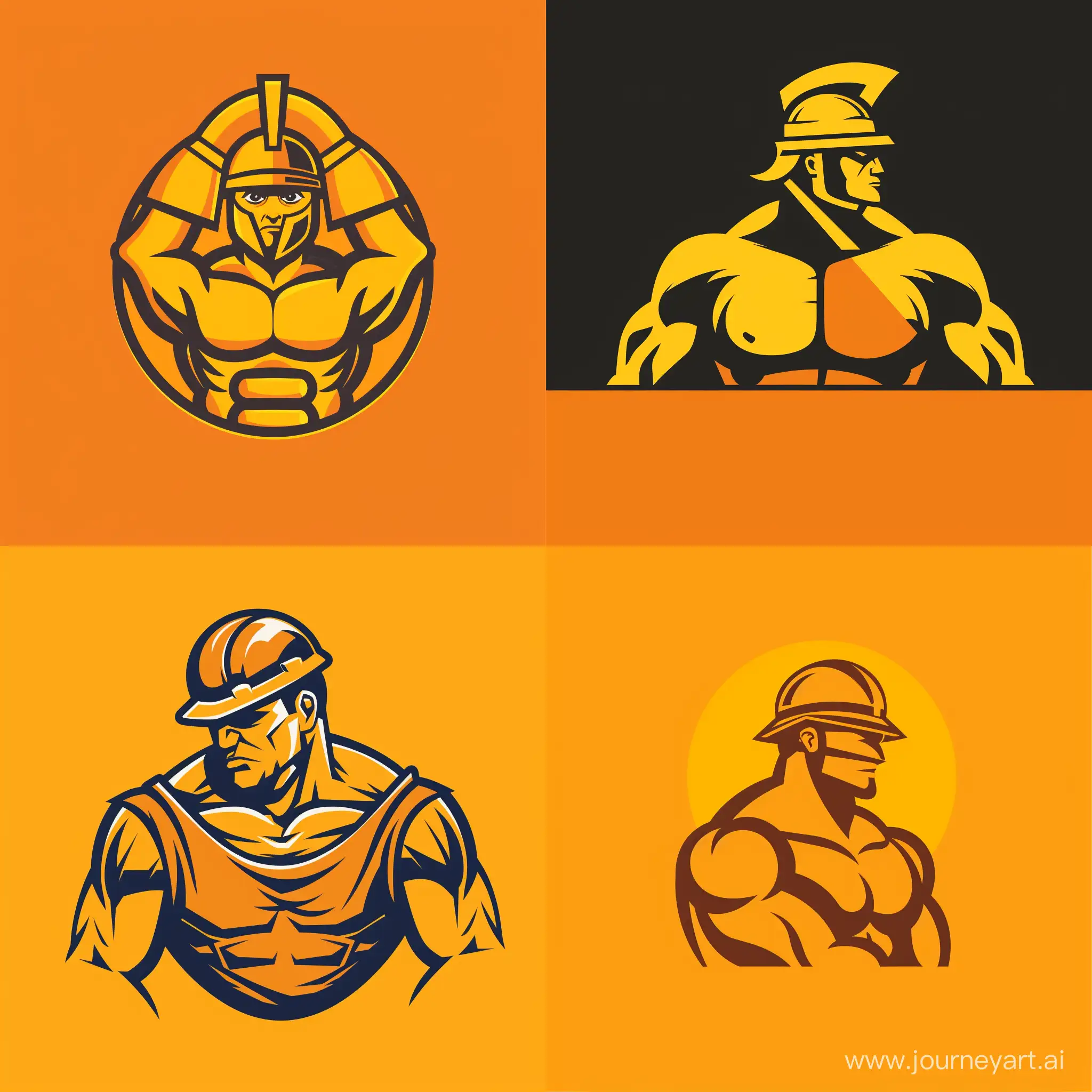 vector logo for a construction company, it depicts a strongman in a helmet, the main color is yellow orange