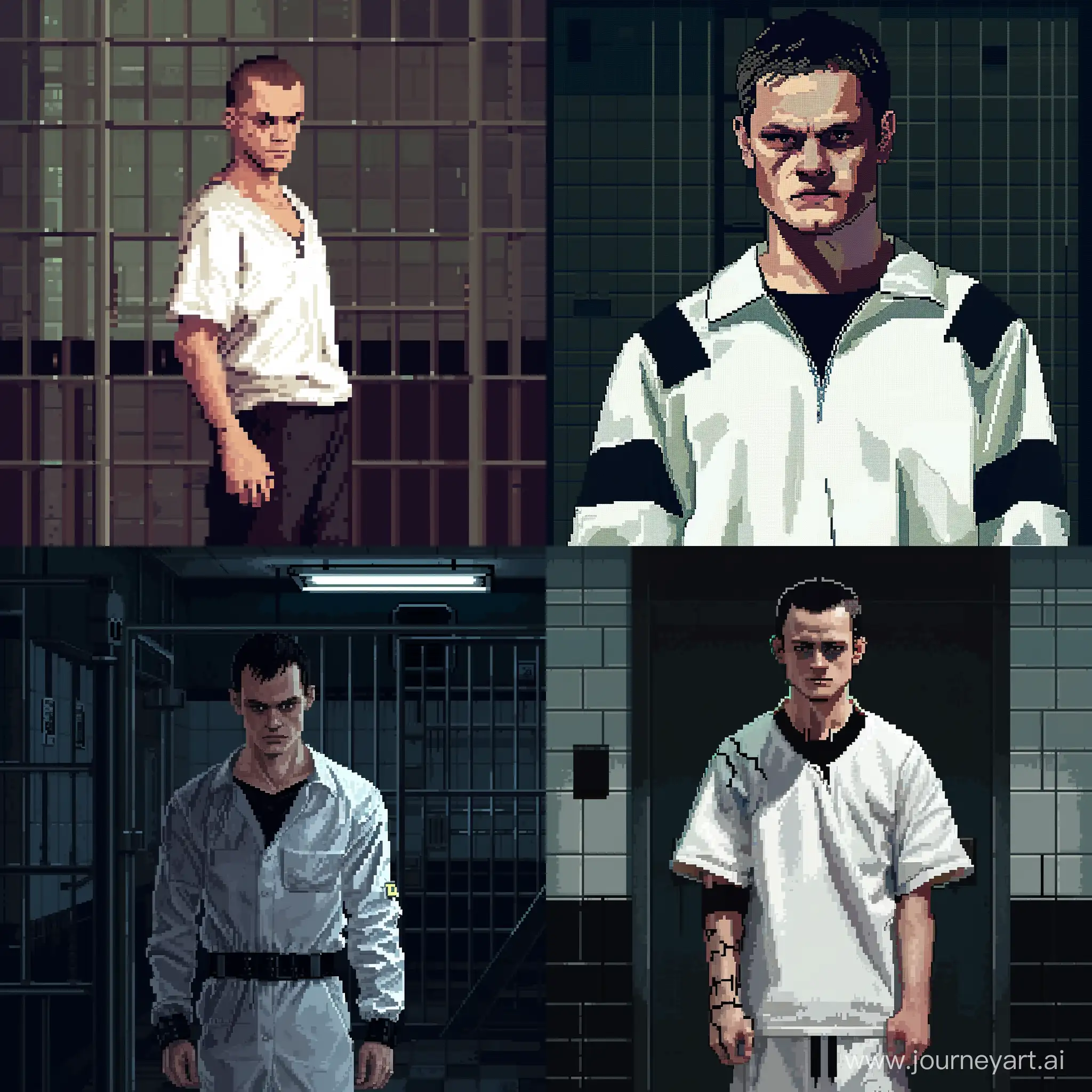 Pixel Art. Heahshot of Vilain Vitalik Buterin in prison clothing (white and black).