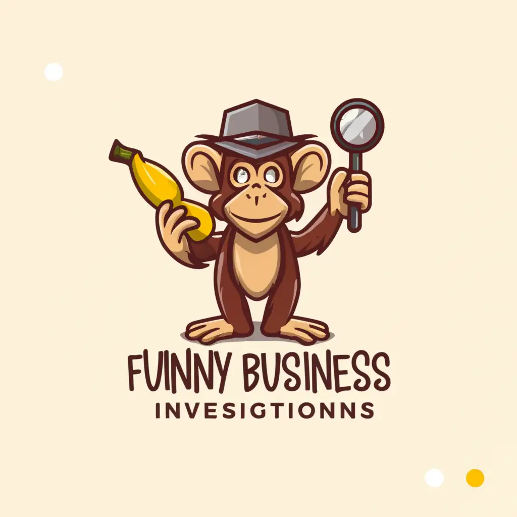 a logo design,with the text "funny business investigations", main symbol:monkey looking at banana with magnifying glass,Moderate,clear background