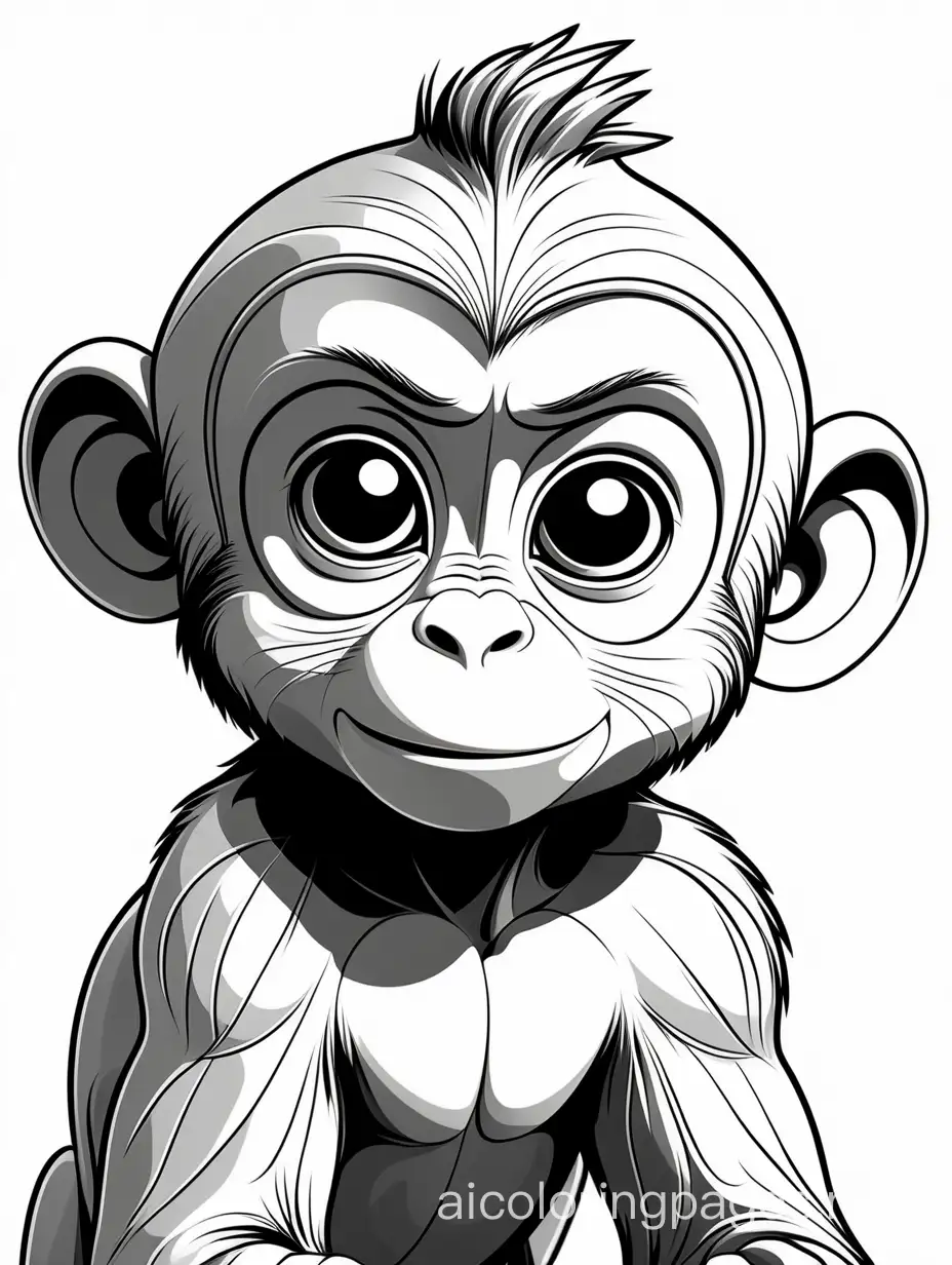 Cute little monkey face, coloring page, black and white, line art, white background, simplicity, wide white space. The background of the coloring page is plain white to make it easier for young children to color within the lines. The outlines of all the themes are easy to distinguish, making it easy for children to color them without much difficulty, Coloring Page, black and white, line art, white background, Simplicity, Ample White Space. The background of the coloring page is plain white to make it easy for young children to color within the lines. The outlines of all the subjects are easy to distinguish, making it simple for kids to color without too much difficulty