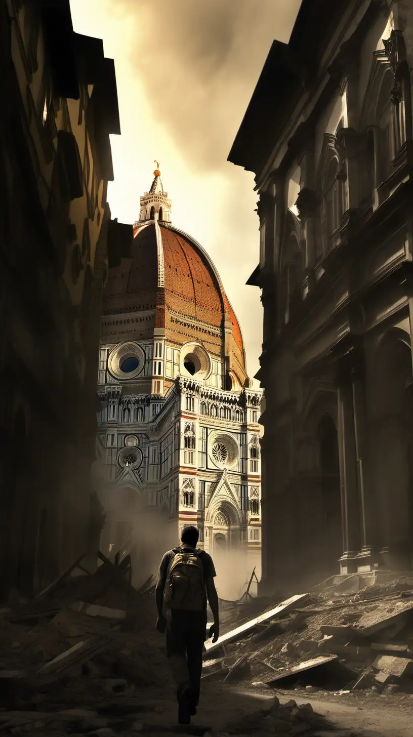 Florence a été bombardée. Entre les ruines, la fumée et la poussiere, marche un homme, seul, dans la penombre, avec un sac à dos. Il se dirige vers la cathedrale 