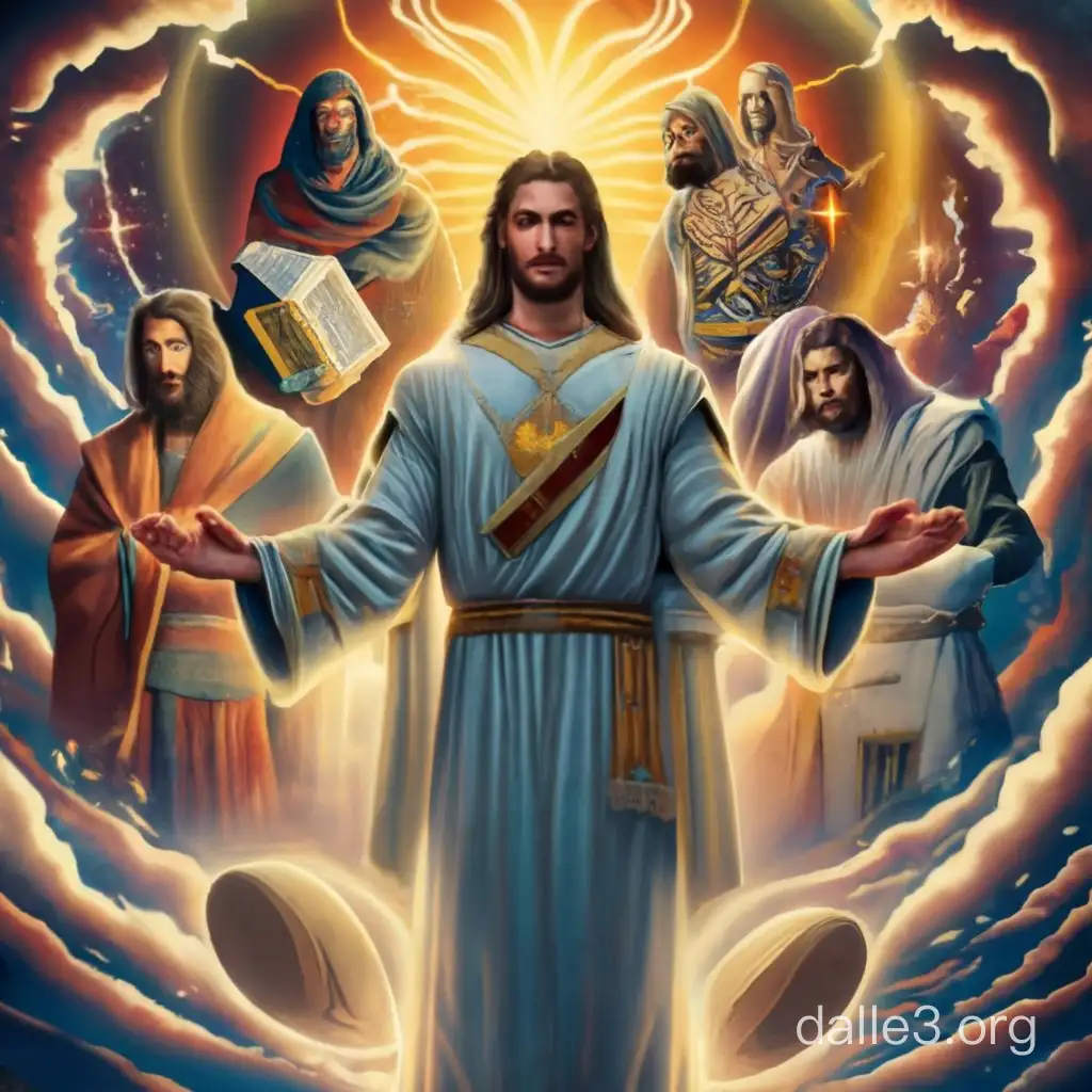 In the center of a celestial aura stands Jesus Christ, dressed in robes of radiant purity, holding the Holy Bible, while encircled by determined faces representing Scorpion, Sub-Zero, Raiden, Kenshi, and Kratos, each adorned in their Mortal Kombat attire. Around them, a divine light bathes the scene, signifying their convergence under the guidance of faith. Amidst a cosmic turmoil threatening existence, the verses within the Holy Bible unravel an ancient prophecy, foretelling the gathering of these unlikely heroes. Their journey through perilous dimensions becomes a quest for redemption and salvation, guided by the wisdom of Christ. As Jesus, distinct in His serene presence and Christian garb, becomes the beacon of unwavering hope and enlightenment, the Mortal Kombat warriors draw strength from their unique abilities, melding their martial prowess with divine purpose. Together, they navigate the intricacies of the foretold destinies, embodying virtues transcending mortal limitations, while Jesus leads them with compassion and the wisdom of ages.