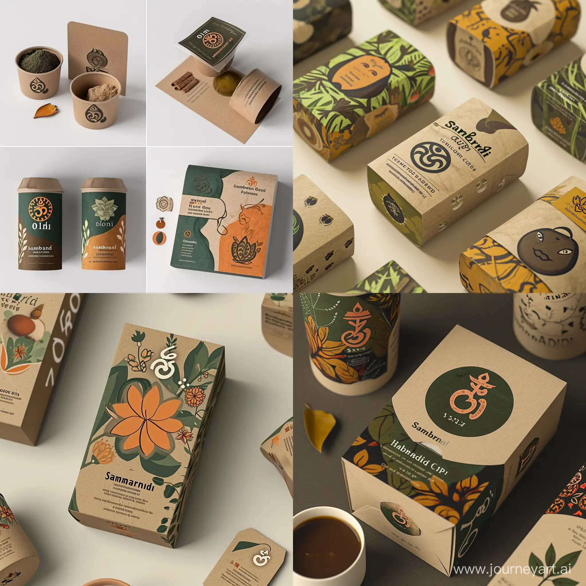 "Create an image of an eco-friendly packaging design for Sambrani Havan Cups. The packaging should be made of sustainable materials like kraft paper or recycled paper. It should feature earthy color tones such as browns and greens, and include traditional or spiritual symbols like the 'Om' sign or a lotus. The design should subtly showcase the ingredients like cow dung, sandalwood, and herbs through pictograms or icons. Incorporate an element that allows the aroma to be sampled without opening the package. Add a handmade touch, like a small tag or a note about the artisans, and ensure the overall look is elegant yet simple, evoking a sense of peace and simplicity. The background should be neutral to emphasize the packaging design."