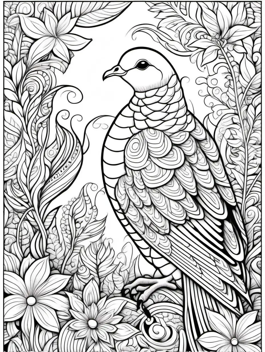 turtledove, black and white, coloring book page, children's coloring book, doodle floral art background, black and white, no shading, thick black lines, clean edges, full page, color by number