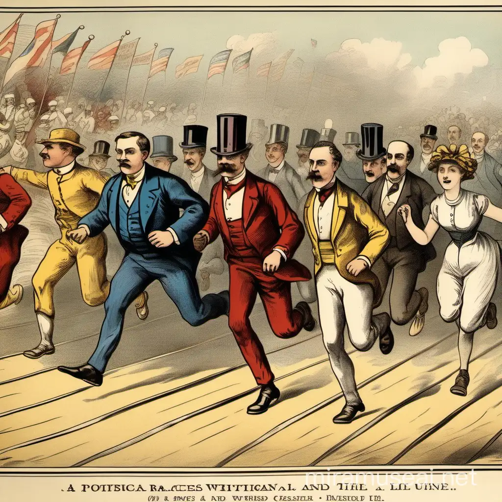 1890s Style Political Cartoon Finish Line Foot Race with Men and Women