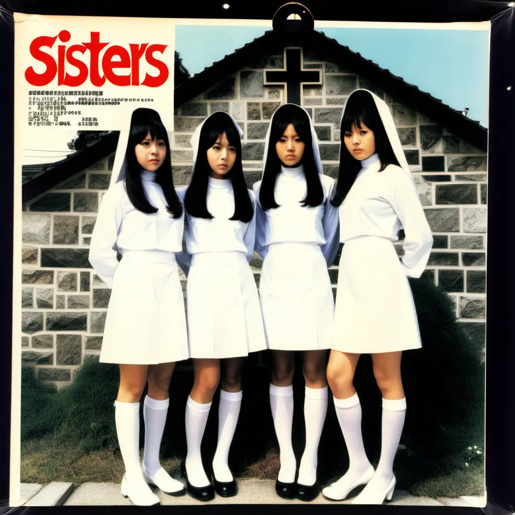 record sleeve for 1970s j-pop group, with a few young adult female Japanese singers standing near a church, in short skirts with nun-style design,  Title is “Sisters”. Includes company logo and price markings, slightly worn condition