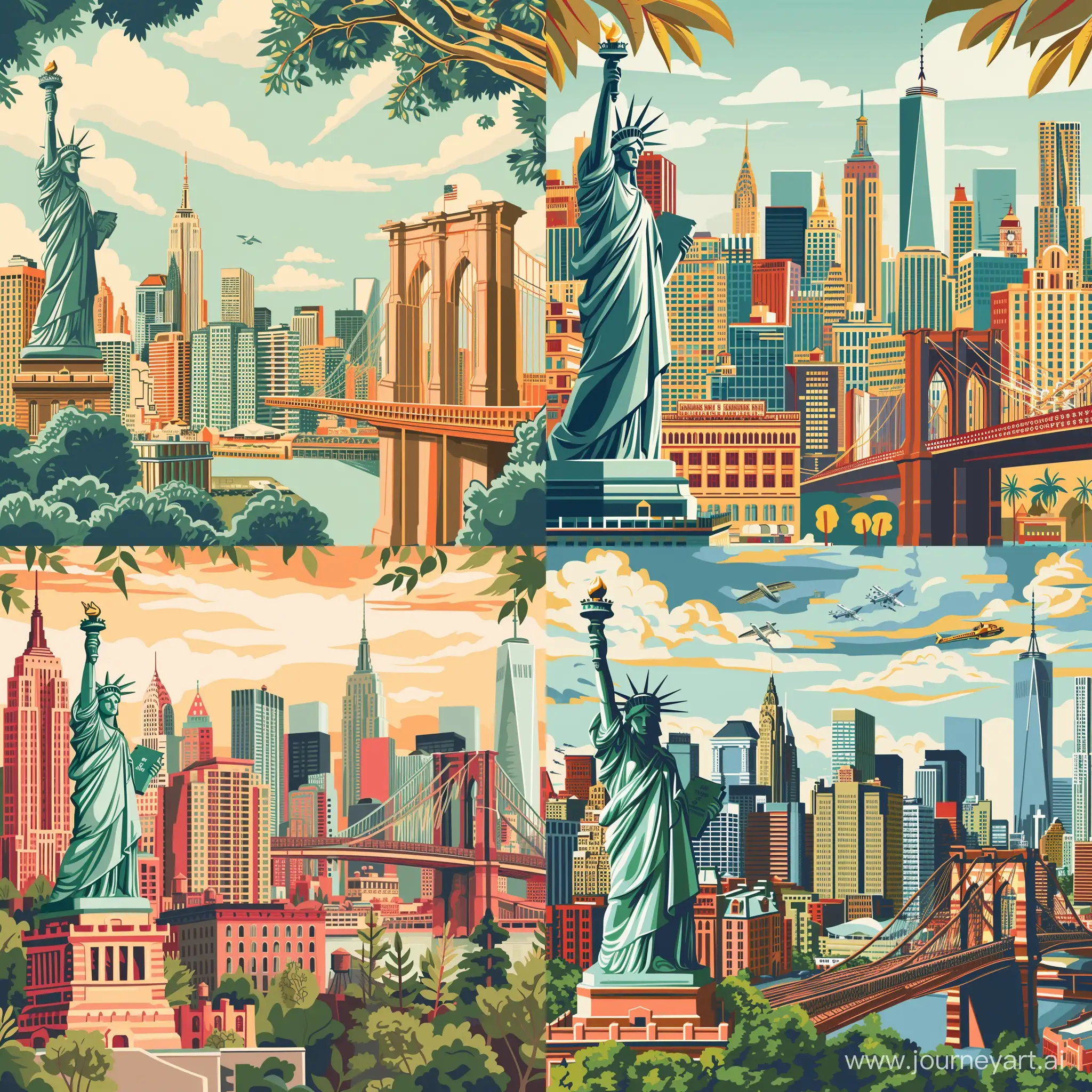A (((retro illustration))) of New York City, featuring iconic landmarks like the Statue of Liberty, the Empire State Building, and the Brooklyn Bridge, with a color palette reminiscent of the 1920s --v 6 --ar 1:1 --no 25855