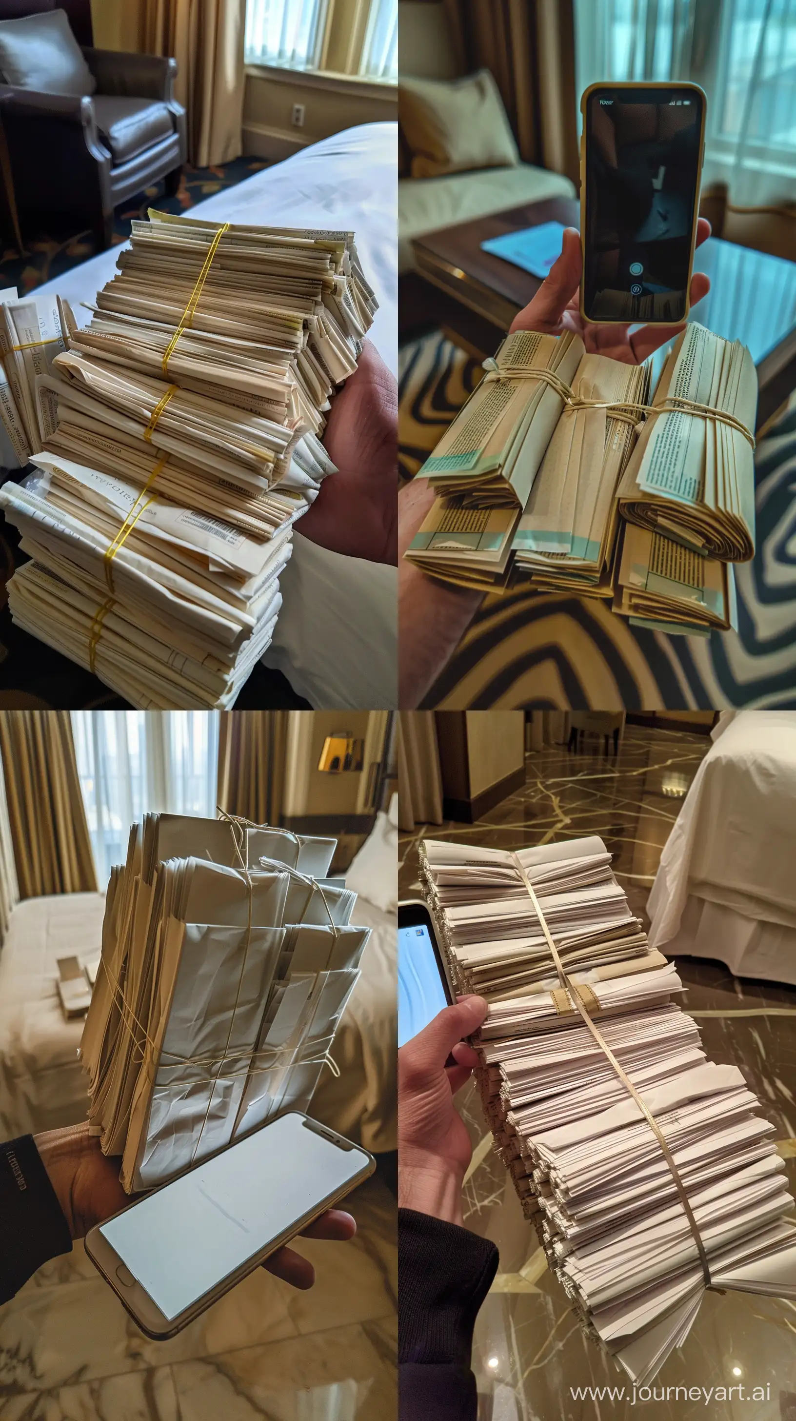 50 bundles of paper in one hand, photographed with a phone in the other, in a hotel room. posted on snapchat --ar 9:16 --v 6