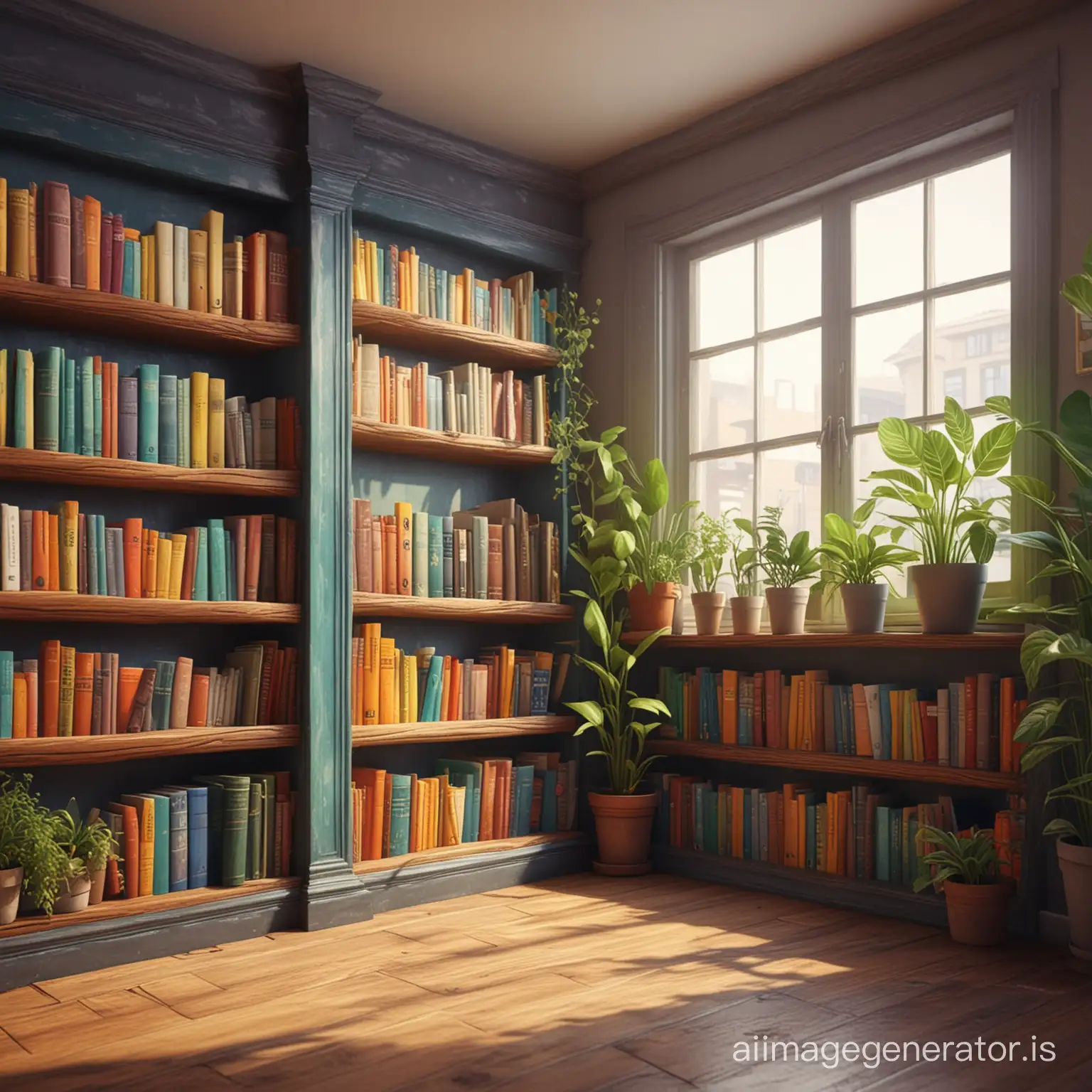 inside old book shop, with colourful books on shelf, a few plants, cartoon, 3d, render, 4k