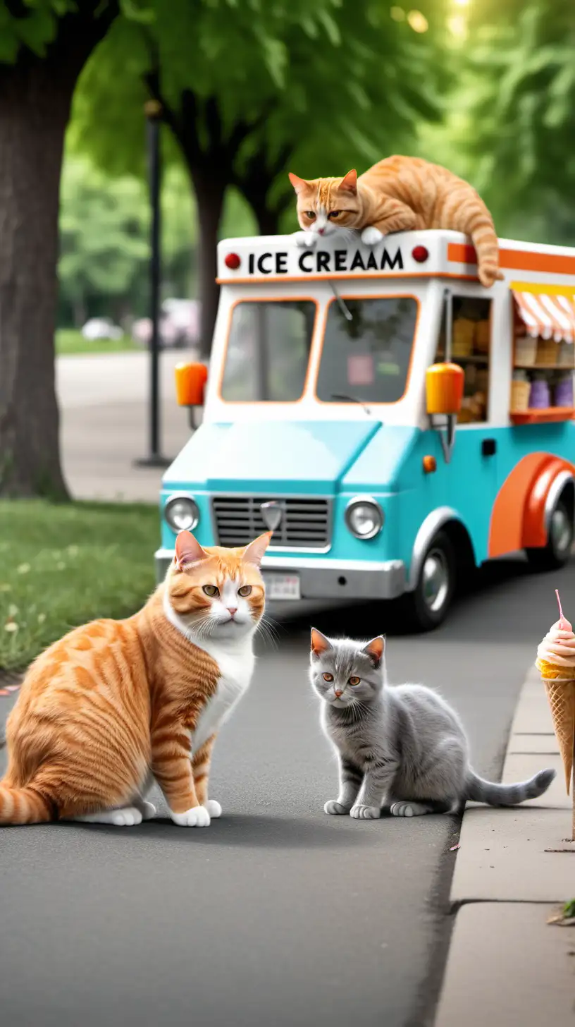 Толстый рыжий кот и маленький серый котенок в парке подходят к фургону с мороженым и покупают мороженое 