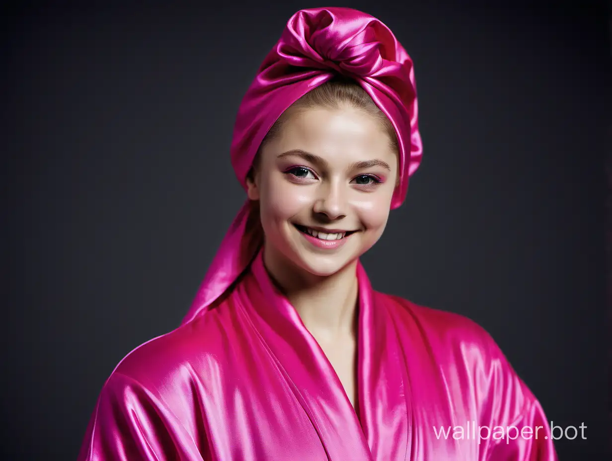 Yulia Lipnitskaya smiles with long hair in a silk robe of pink fuchsia color with a pink silk towel turban on her head
