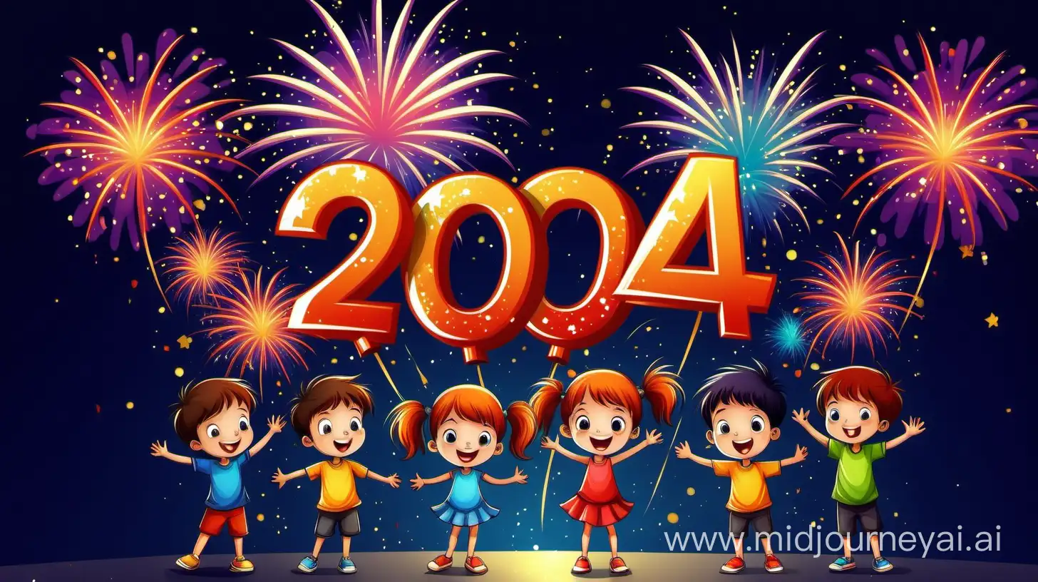 Joyful New Year Celebration with Cartoon Children and 2024 Fireworks