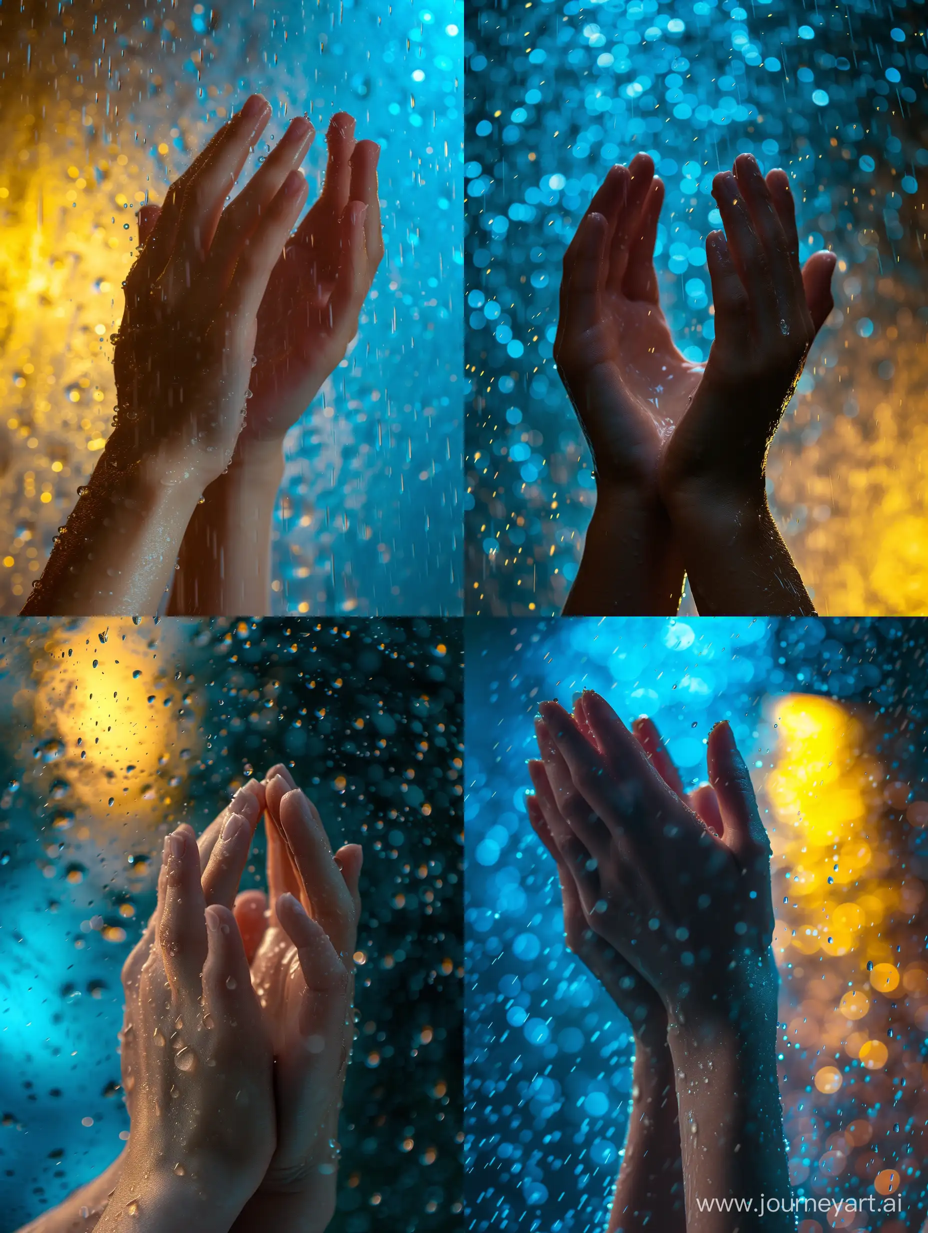 ultra realistic, close up, hands clasped while lifted up. little raindrops. behind there is a blue and yellow light. canon eos-id x mark iii dslr --v 6.0