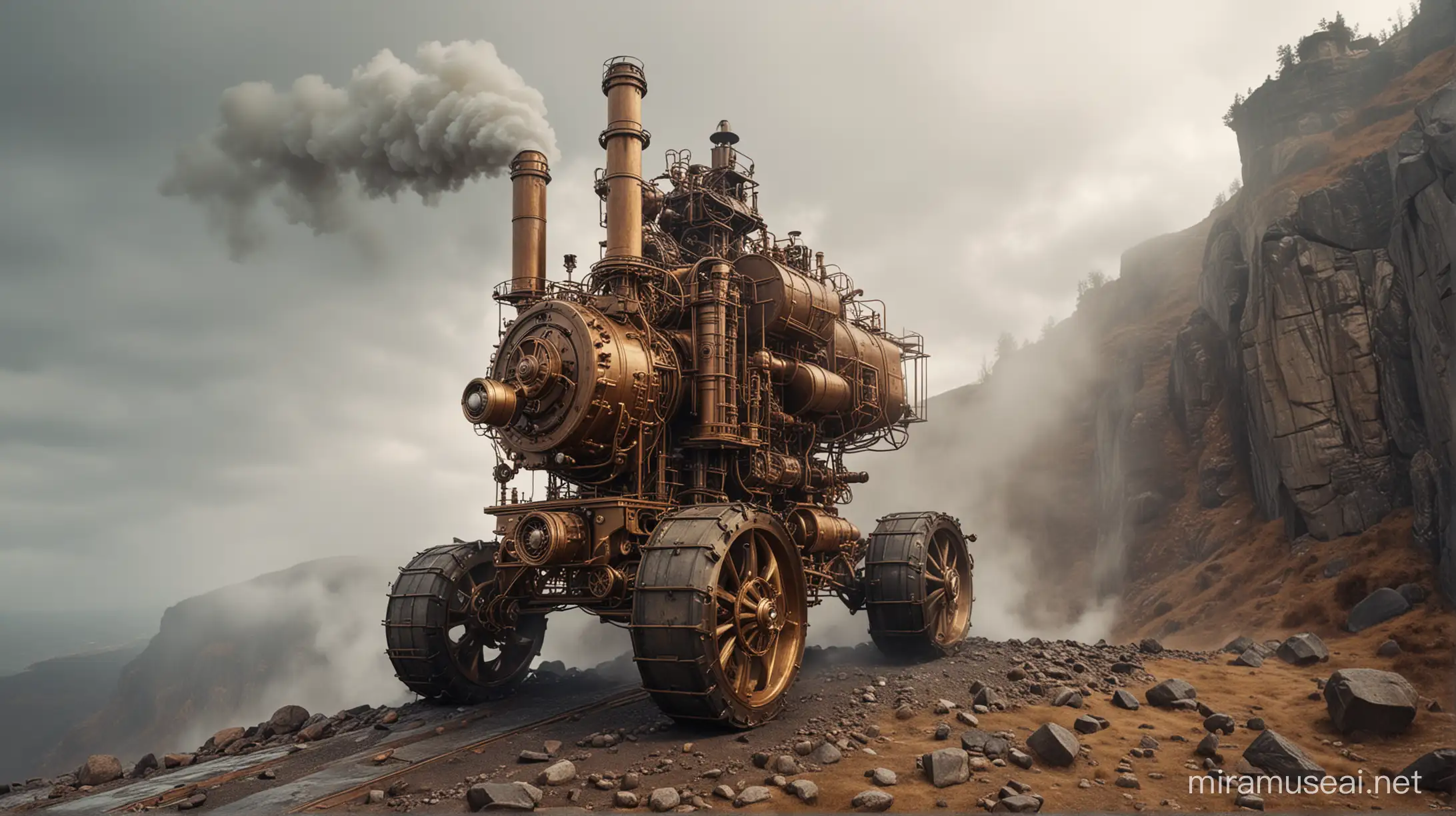 special big steampunk machine climbs a steep rocky hill, machine is made of gold and copper, large exhaust pipes, steam,  smoke, cloudy and rainy