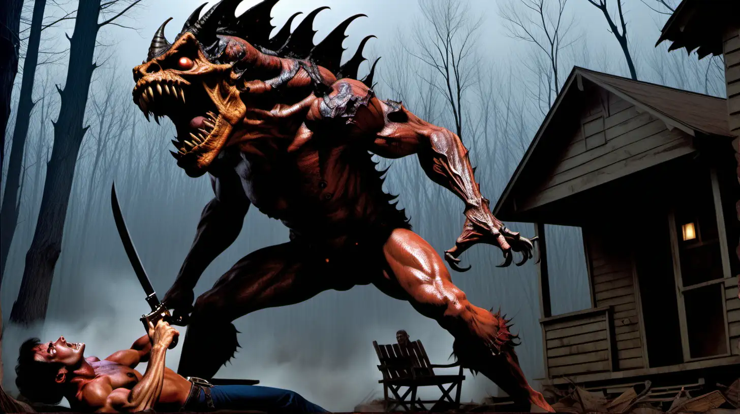Ash Williams played by Bruce Campbell battling greymon posessed by demons from the Necronomicon in the style of Frank Frazetta.  Background is outside the cabin from Evil Dead.